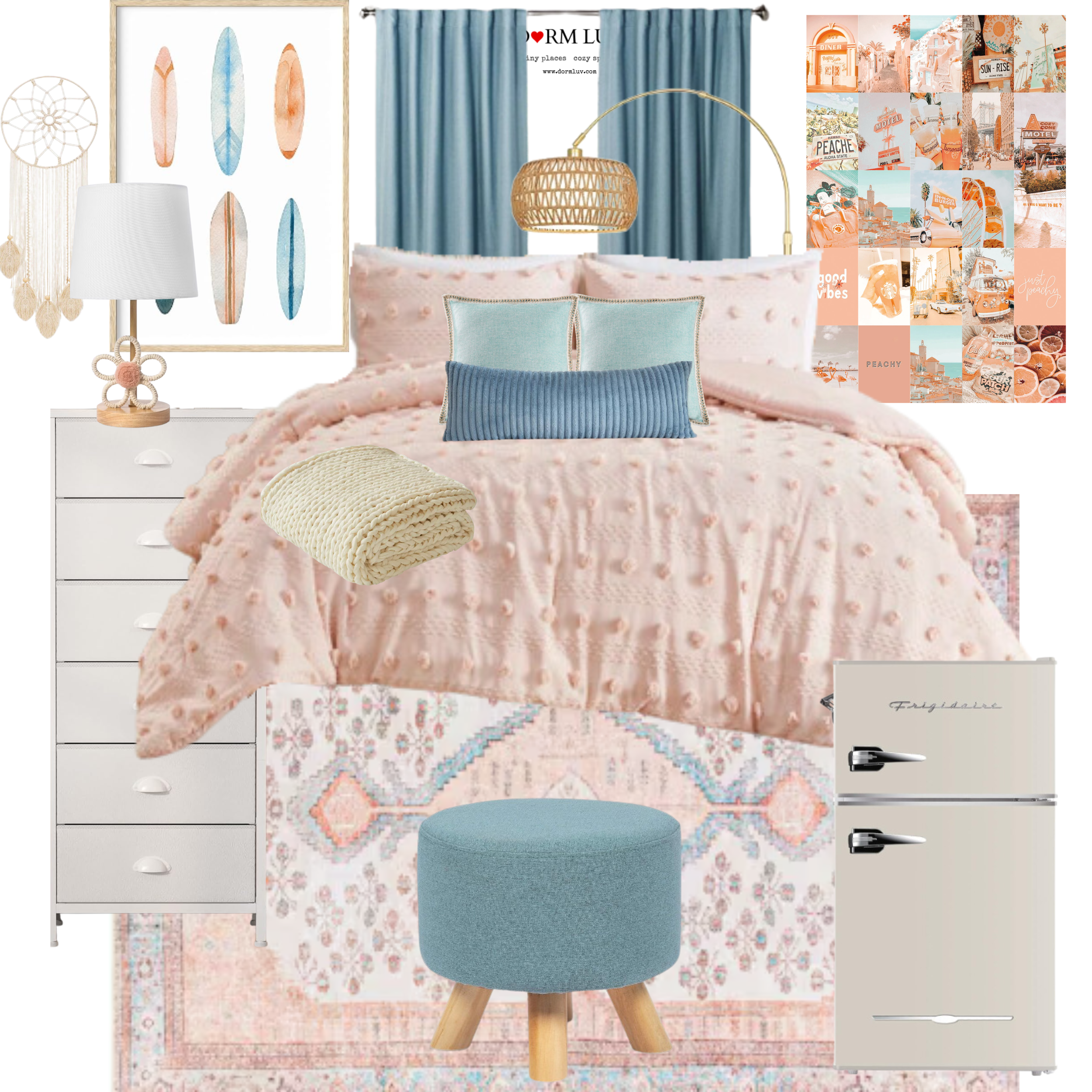 Bedroom interior design collage with pastel and boho elements, including a bed, blue pillows, pink quilt, art prints, wicker basket, lamp, chair, pouf, and mini fridge.