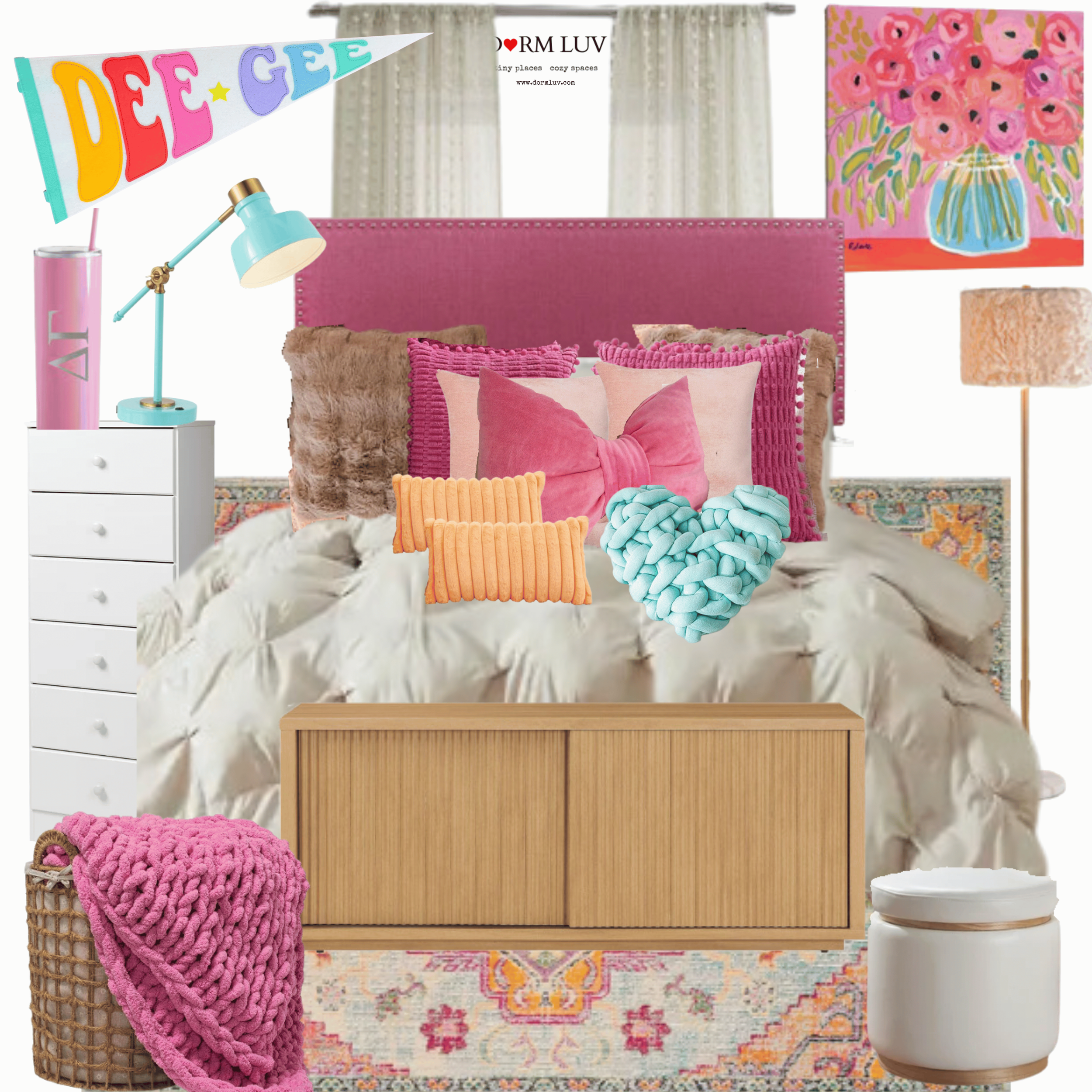 Colorful bedroom decor featuring a pink headboard, assorted pillows, a wooden chest, a pastel desk lamp, floral wall art, a patterned rug, and a "DEE GEE" pennant.