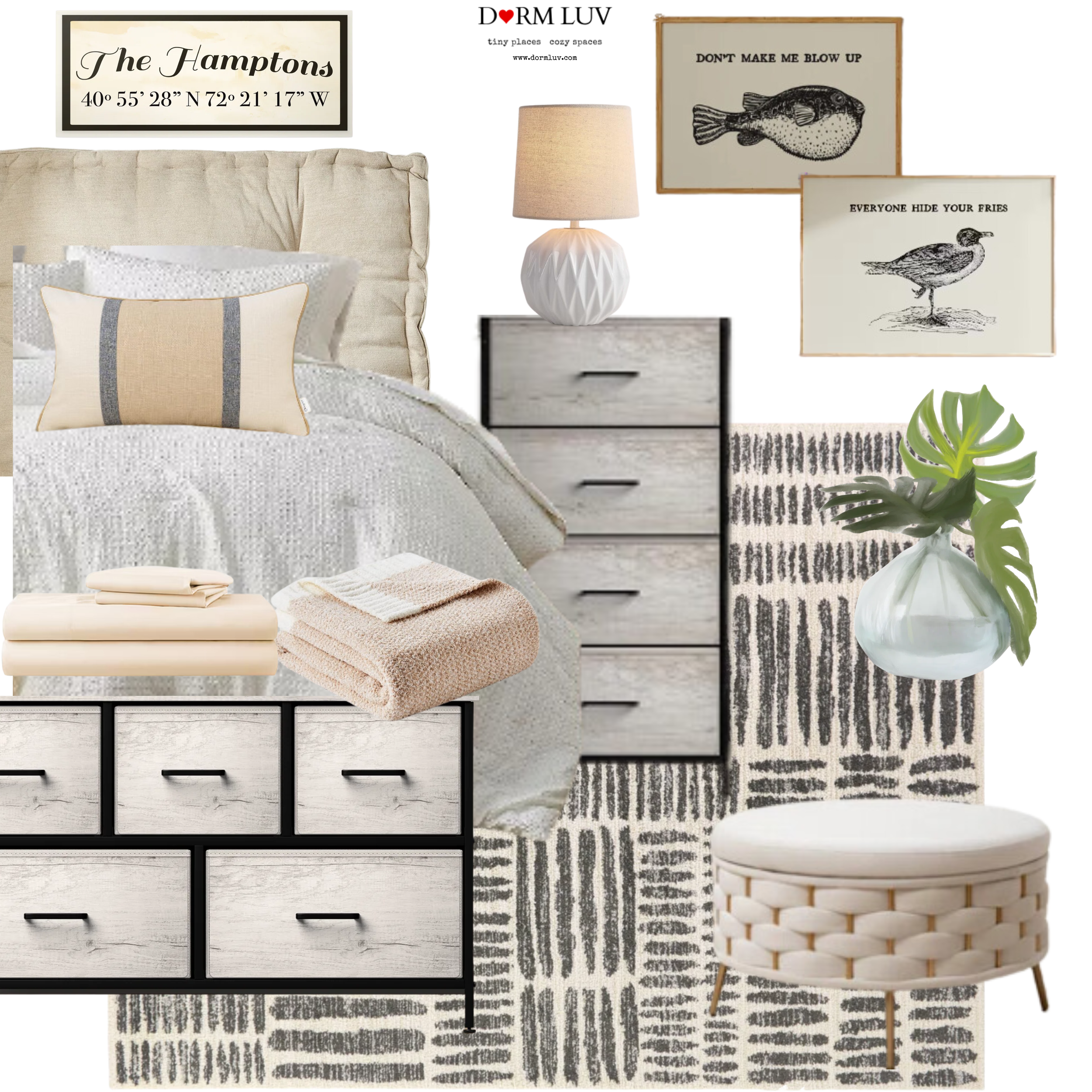 Bedroom decor with bed, pillows, dresser, lamp, art prints, rug, and accessories