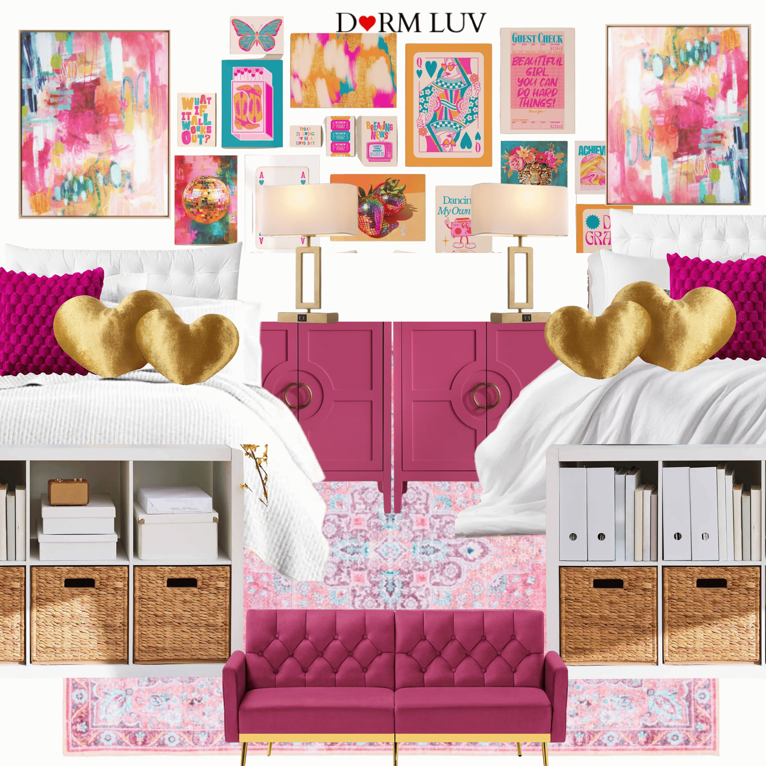Stylish bedroom featuring two twin beds with white bedding and pink accents. A pink locker-style dresser is centered between the beds. Above are pink curtains, heart-shaped decor, and two turquoise lamps. Colorful abstract art hangs on the walls. Gray chairs with heart pillows and fluffy white stools complete the room.