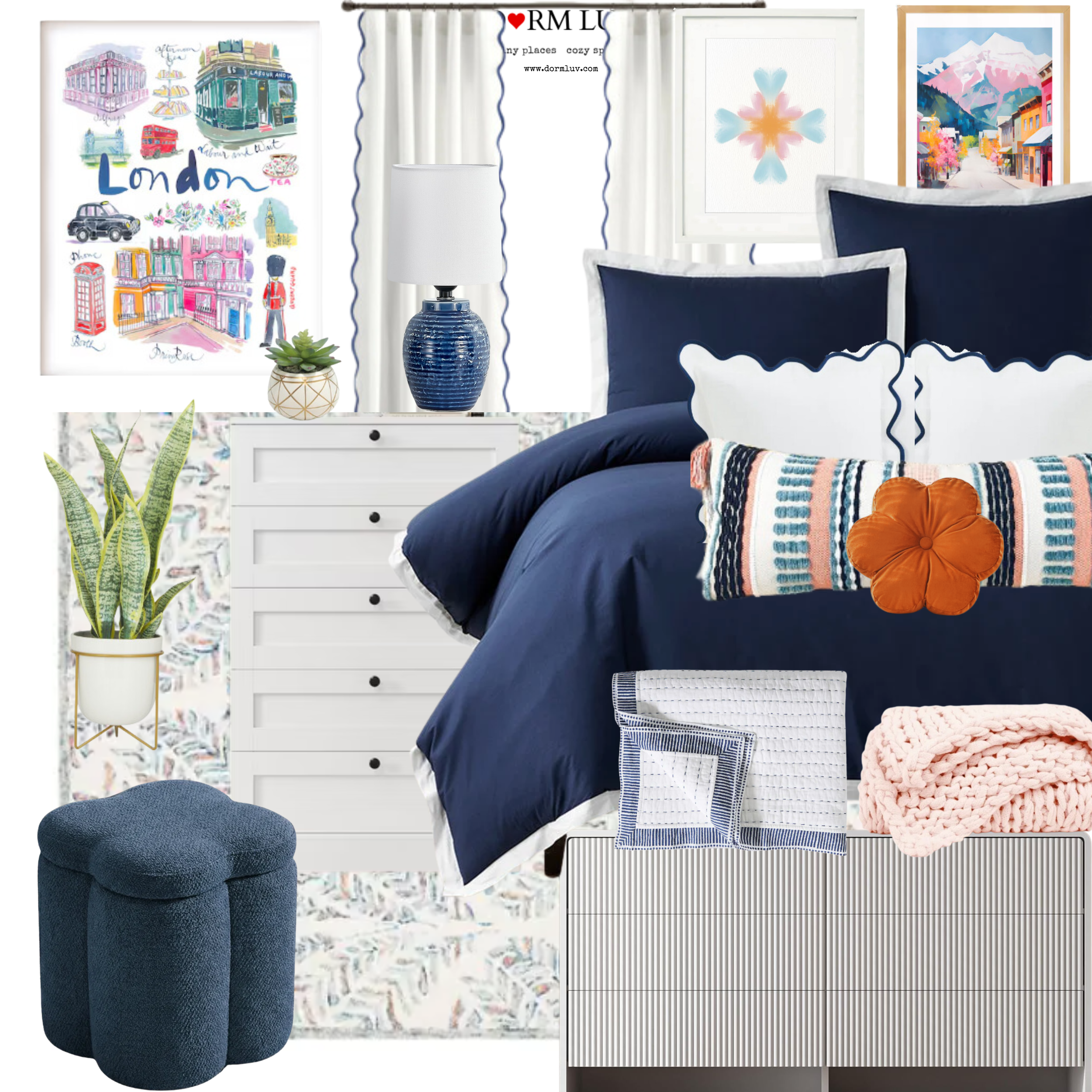 Collage of a stylish and colorful bedroom design featuring decorative pillows, bedding, plants, chairs, wall art, and a dresser with modern and eclectic elements.