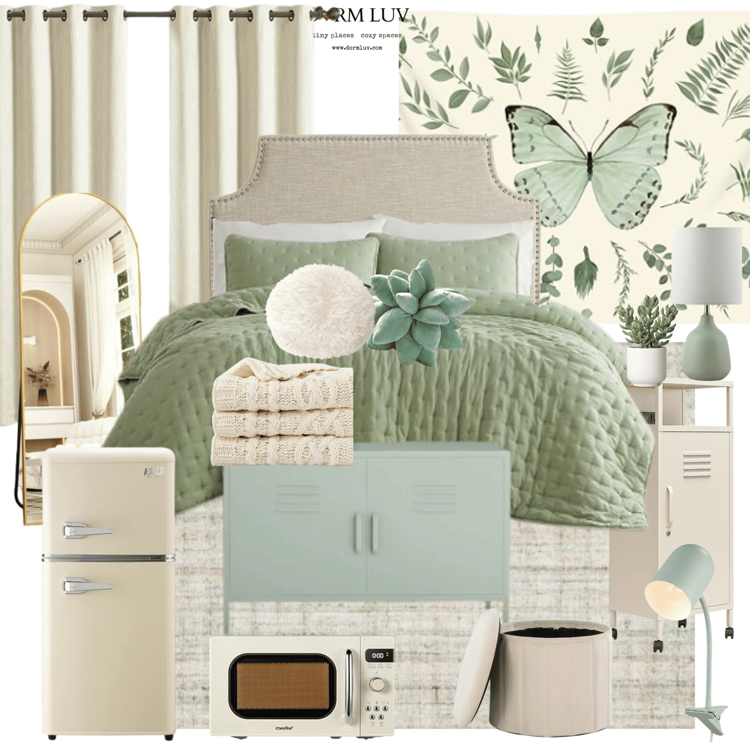 Dorm room decor collage with mint green and beige theme, featuring a bed with green bedding, butterfly wall art, mini fridge, clip lamp, wall mirror, shelving unit, plants, microwave, and various accents like pillows, and storage solutions.