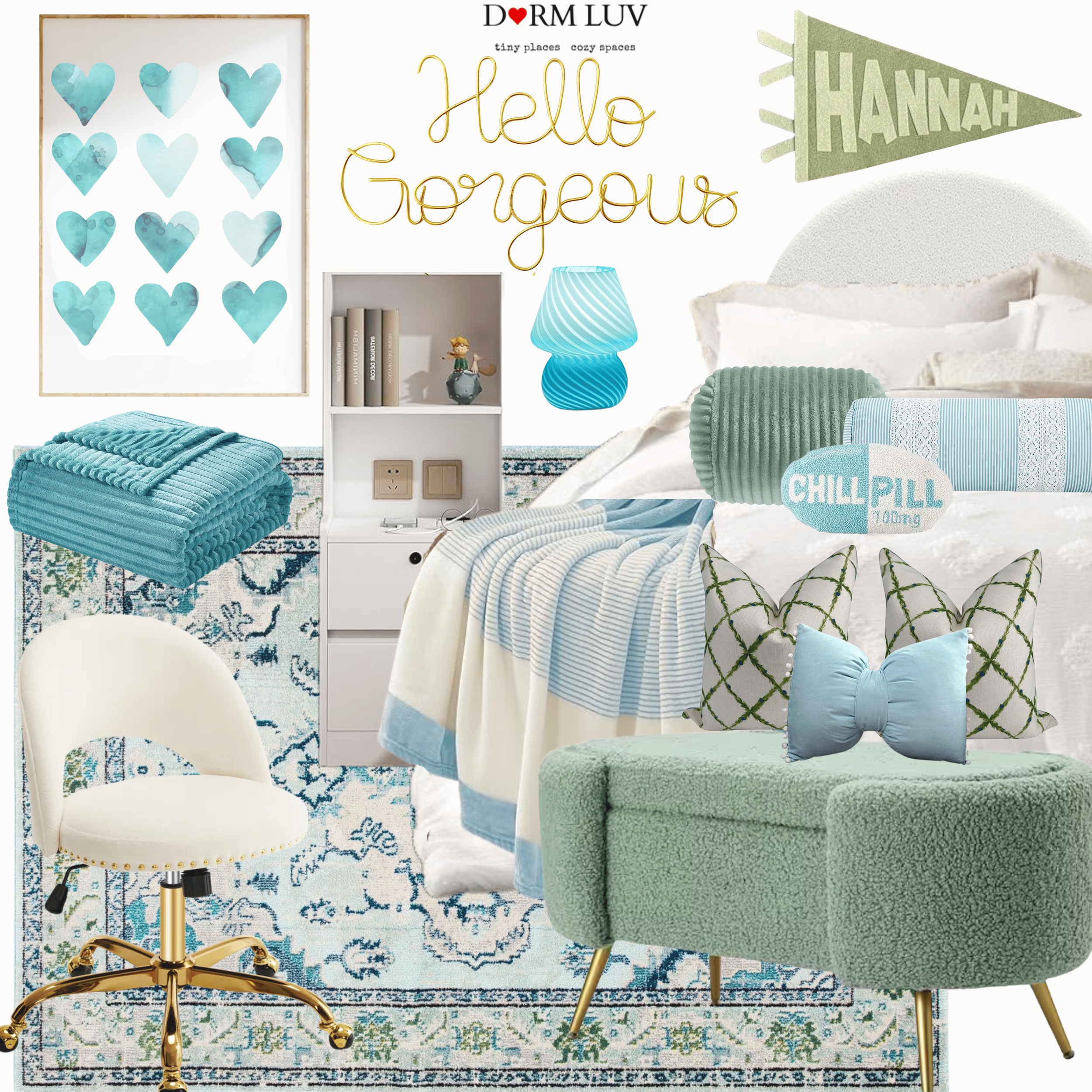 Dorm room decor with teal and white theme, including bedding, pillows, a rug, wall art, a chair, a blanket, a lamp, and a wall pennant.