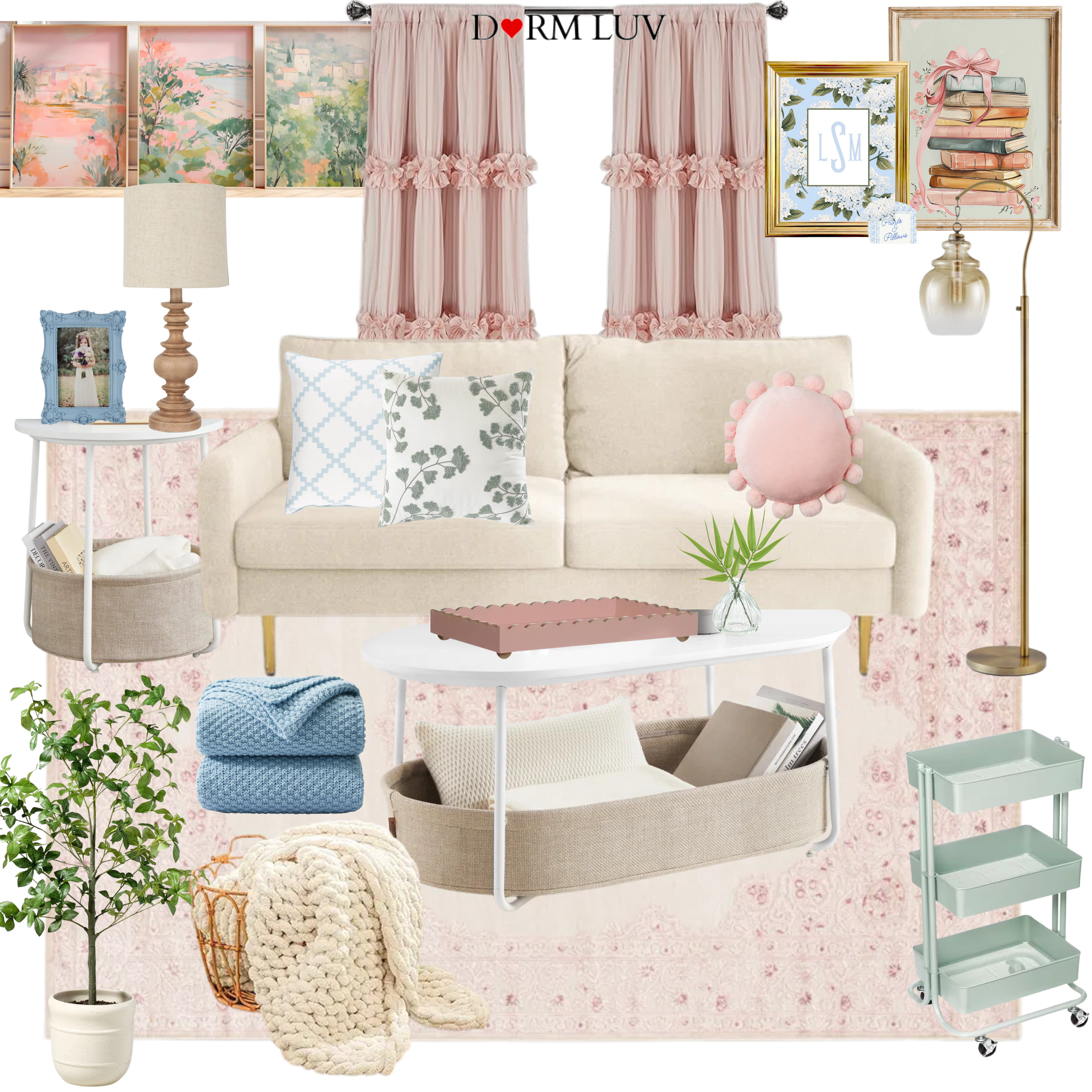 Living room design collage featuring a beige sofa with pink and floral pillows, pink ruffled curtains, framed artwork, a brass floor lamp, white side tables with books and plants, a pink decorative tray on a coffee table, woven and knitted blankets, light blue storage cart, and green potted plant on a pink floral rug.