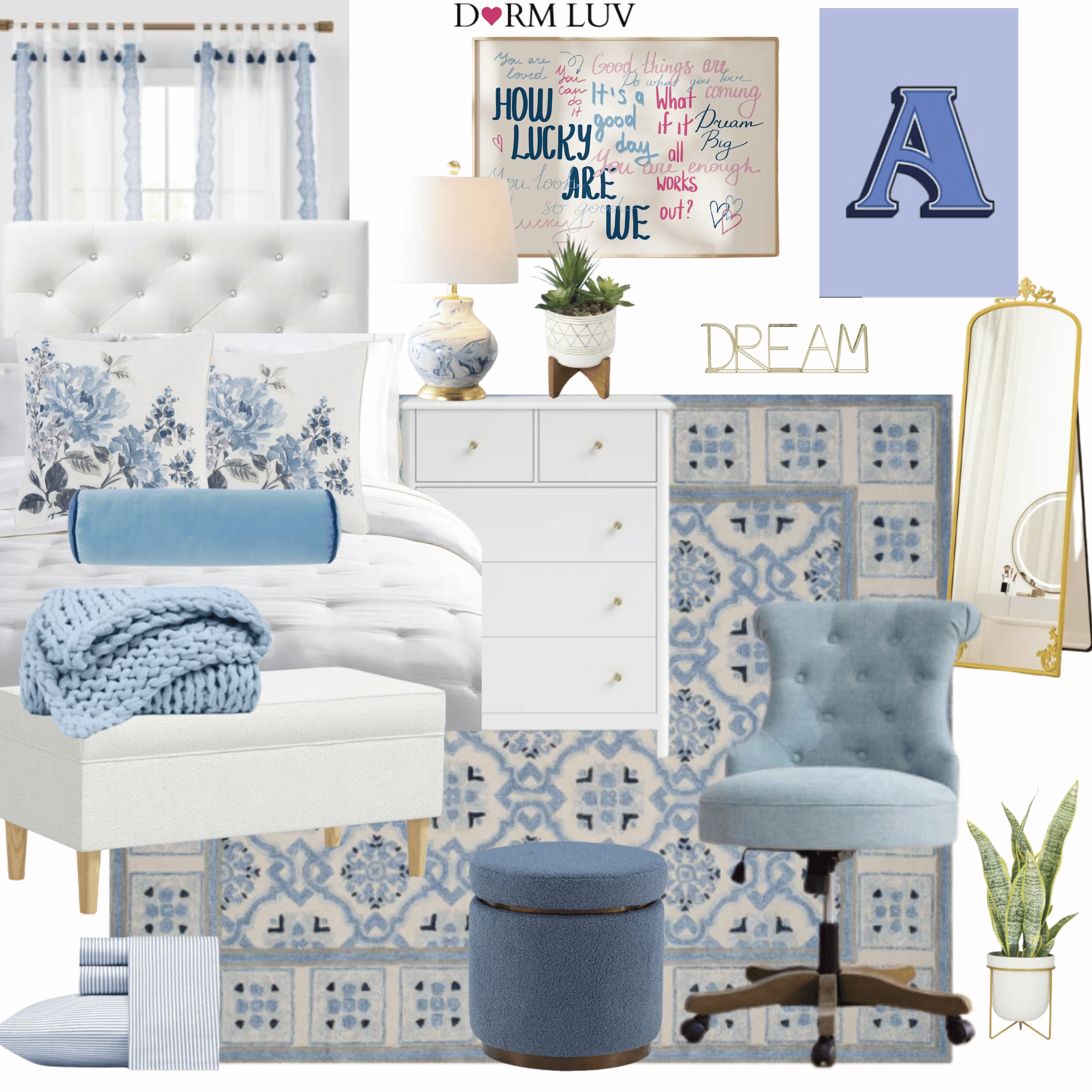 A collage of dorm room furnishings and decor in a blue and white theme. Features include bedding with floral patterns, a tufted chair, a pouf, a rug, a dresser, a floor mirror, a lamp, and wall art. The words "Dorm Luv" and "Dream" are visible.