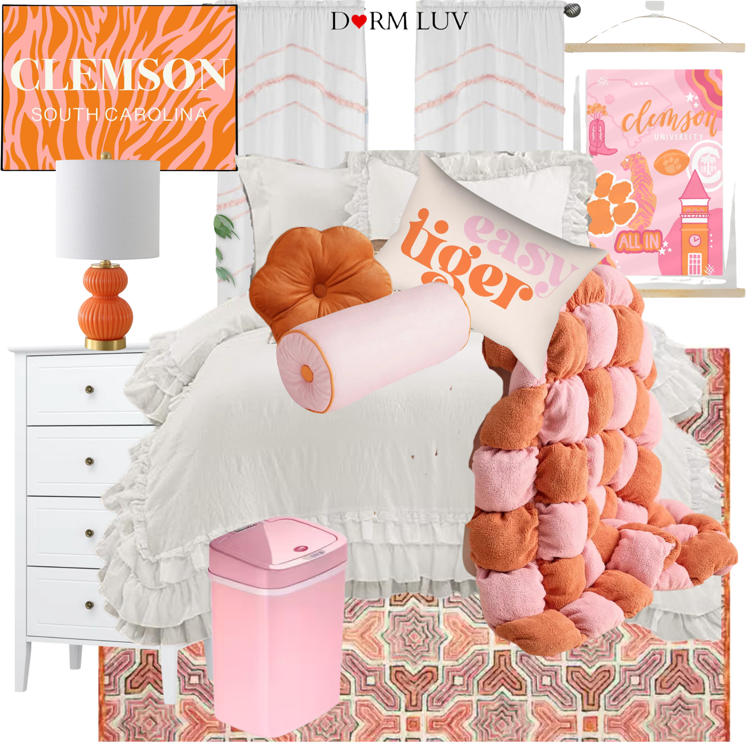 Clemson Tigers-themed dorm room decor, featuring bedding, rug, throw pillows, a blanket, lamp, nightstand, and wall art with orange and purple accents, including the Clemson logo and tiger designs.