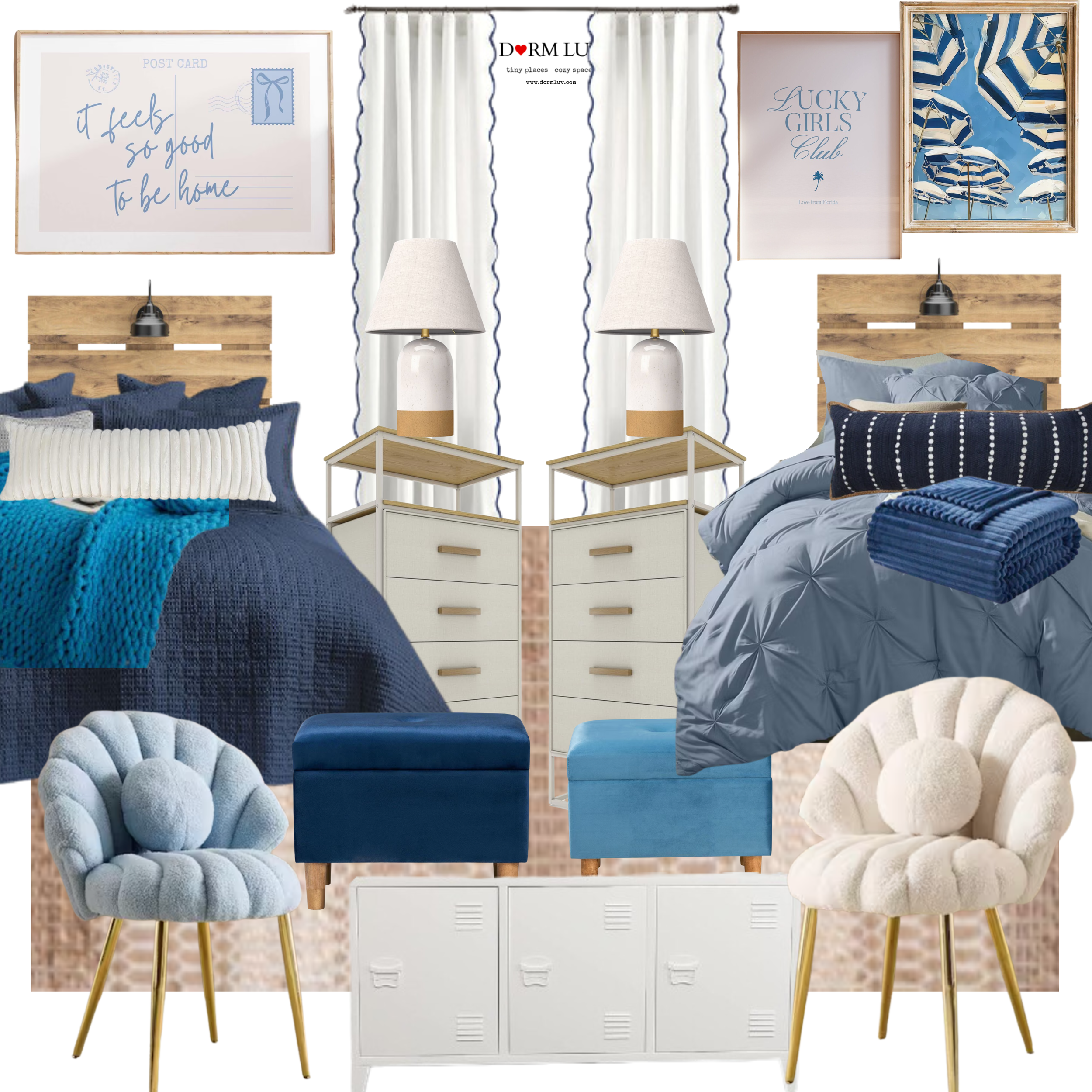 Bedroom decor ensemble with twin beds, featuring blue and beige color scheme. Includes pillows, bedding, lamps, storage, wall art, curtains, and seating.