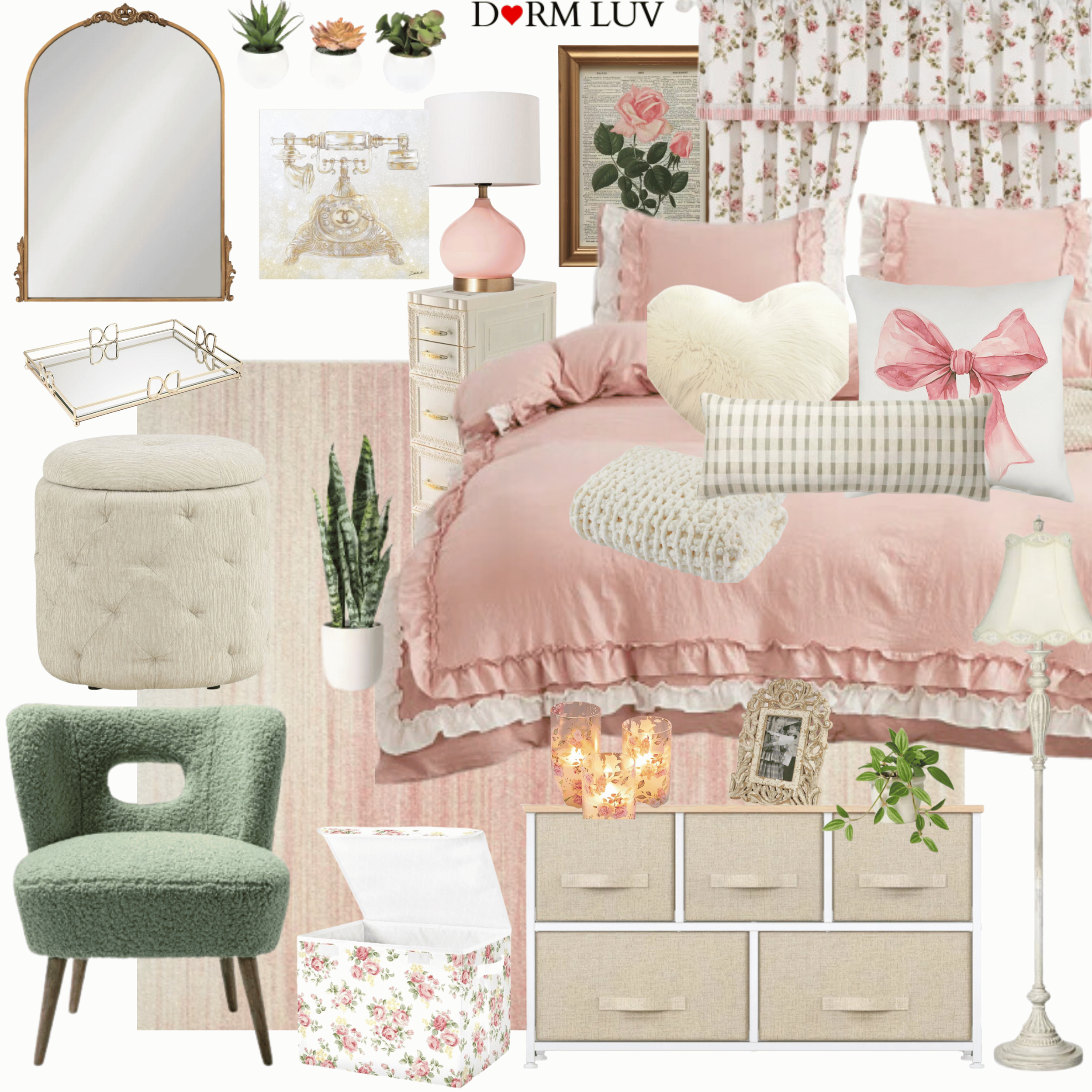 Room decor collage featuring a pink and white theme with floral patterns. Includes a pink bedspread with ruffled edges, decorative pillows, a bedside lamp, wall art with roses, a vintage telephone illustration, a green accent chair, a full-length mirror, a white ottoman, a storage bench with drawers, plant decor, and various decorative accessories like candles and a decorative tray.