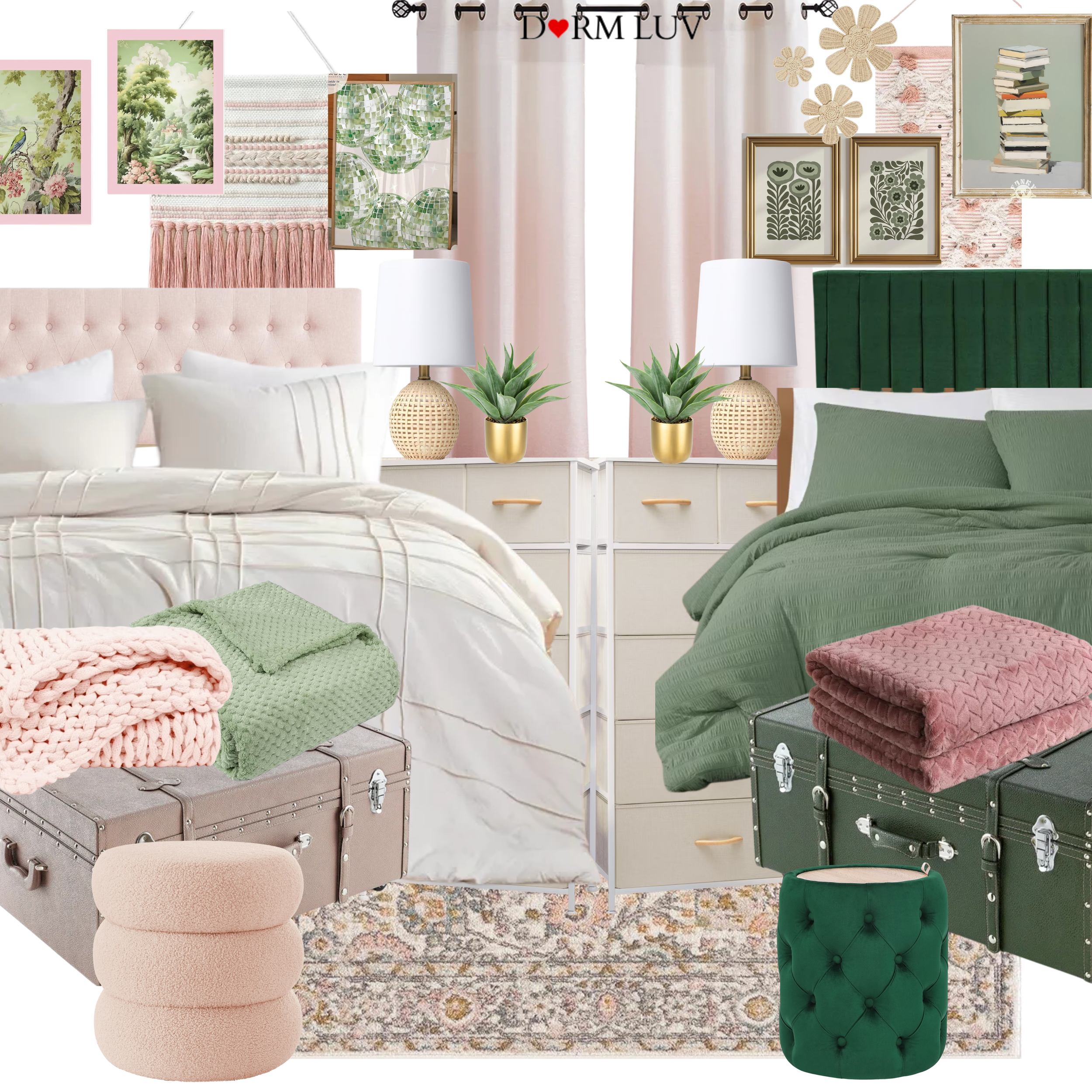 Dorm room decor collage featuring pink and green accents, patterned bedding, decorative pillows, plants, wall art, and furniture items.