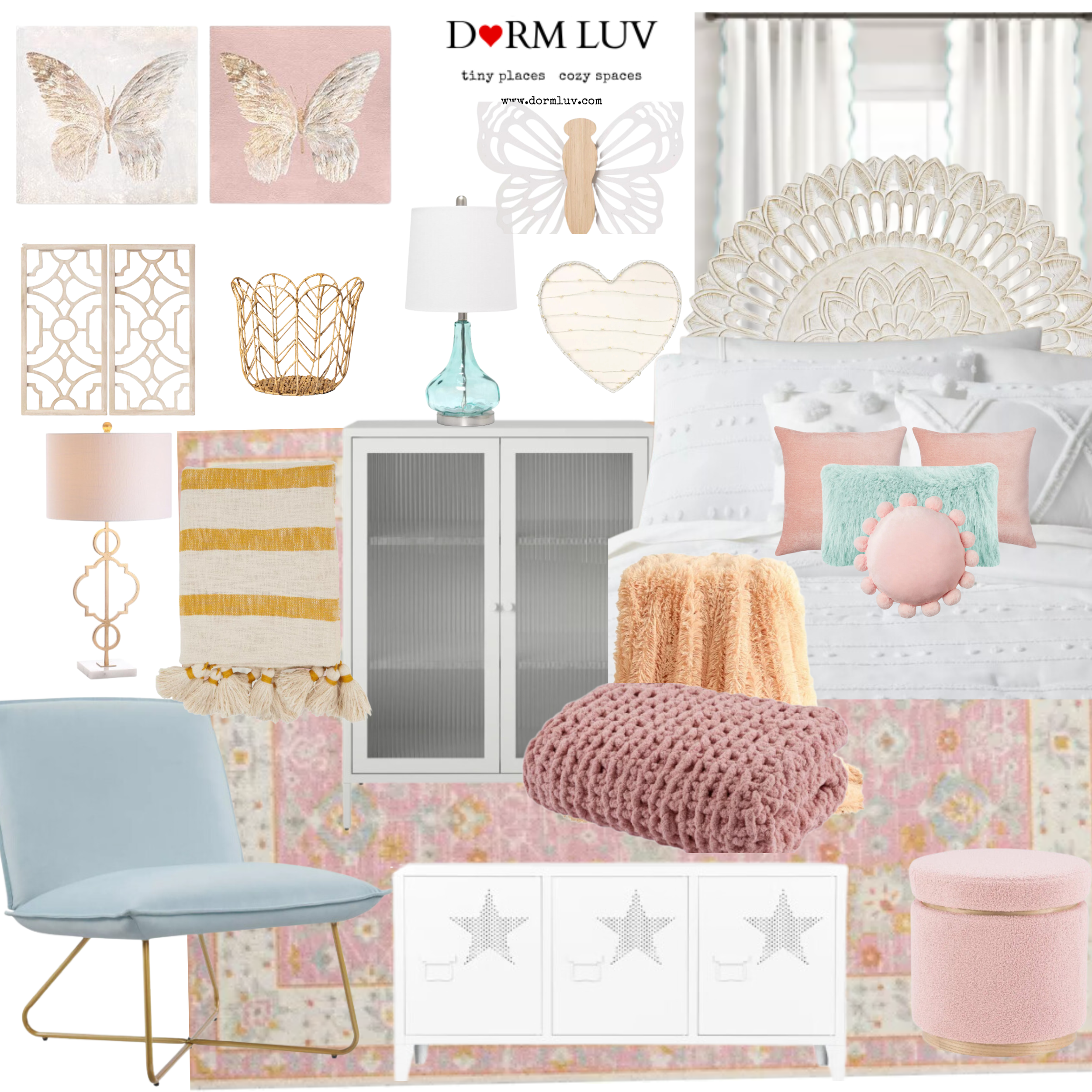 Collage of dorm room decor items, including butterfly art, a decorative headboard, bedding with pillows, and various accessories like a lamp, storage cabinet, and woven basket. Soft colors like pink and blue dominate, creating a cozy and stylish vibe.