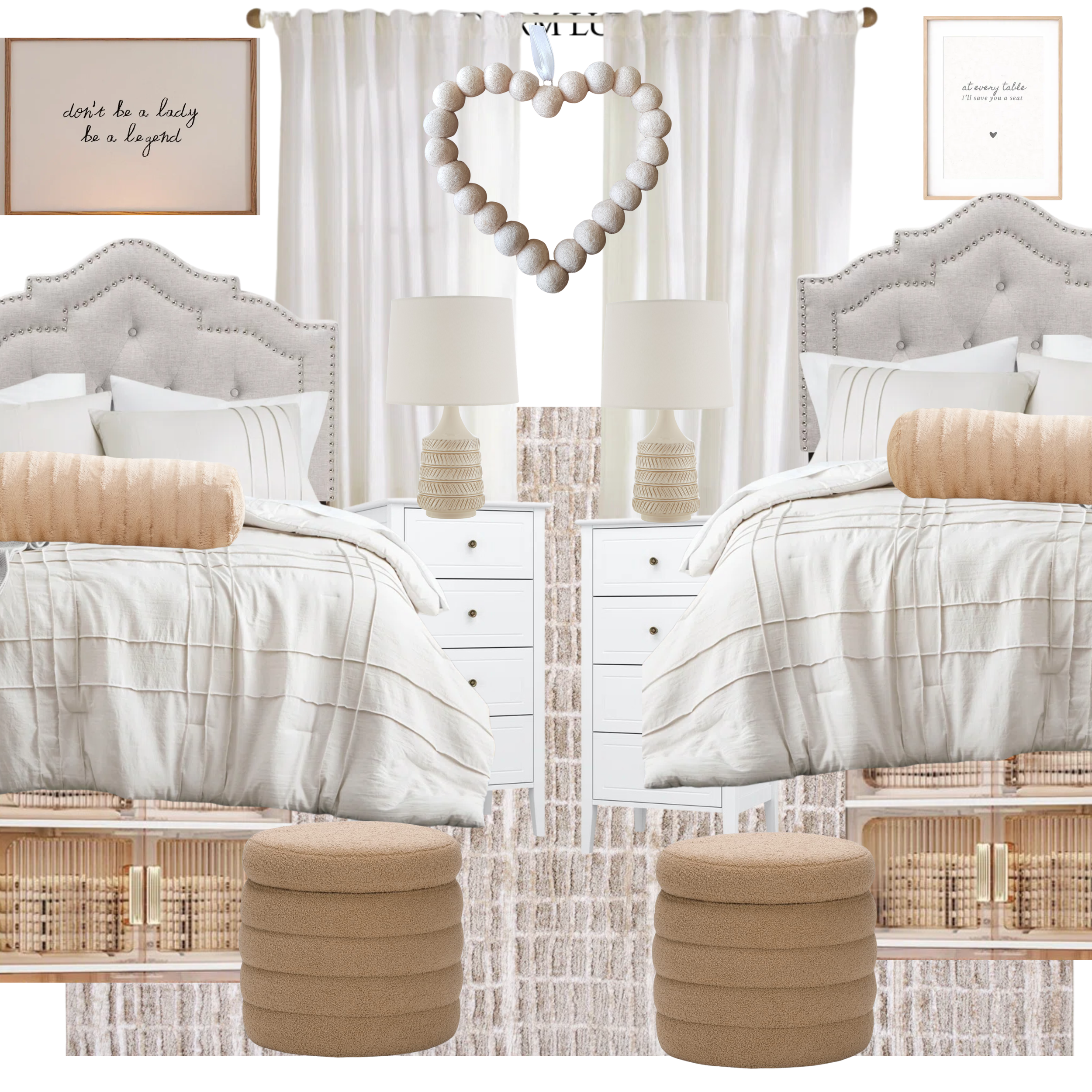 Collage of cozy bedroom decor with gray tufted headboards, white nightstands, gray and white bedding, pillows labeled "cozy," white curtains, lamps, and stacked towels.
