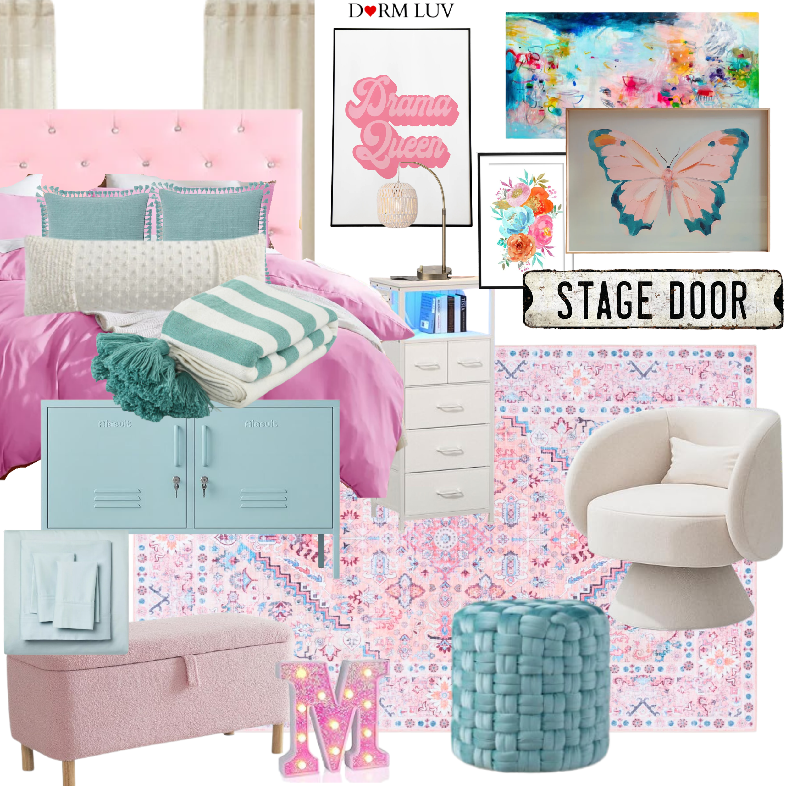 Collage of dorm room decor including a pink and turquoise bed set, wall art, a patterned rug, lockers, a chair, a decorative pillow, and a stuffed animal.