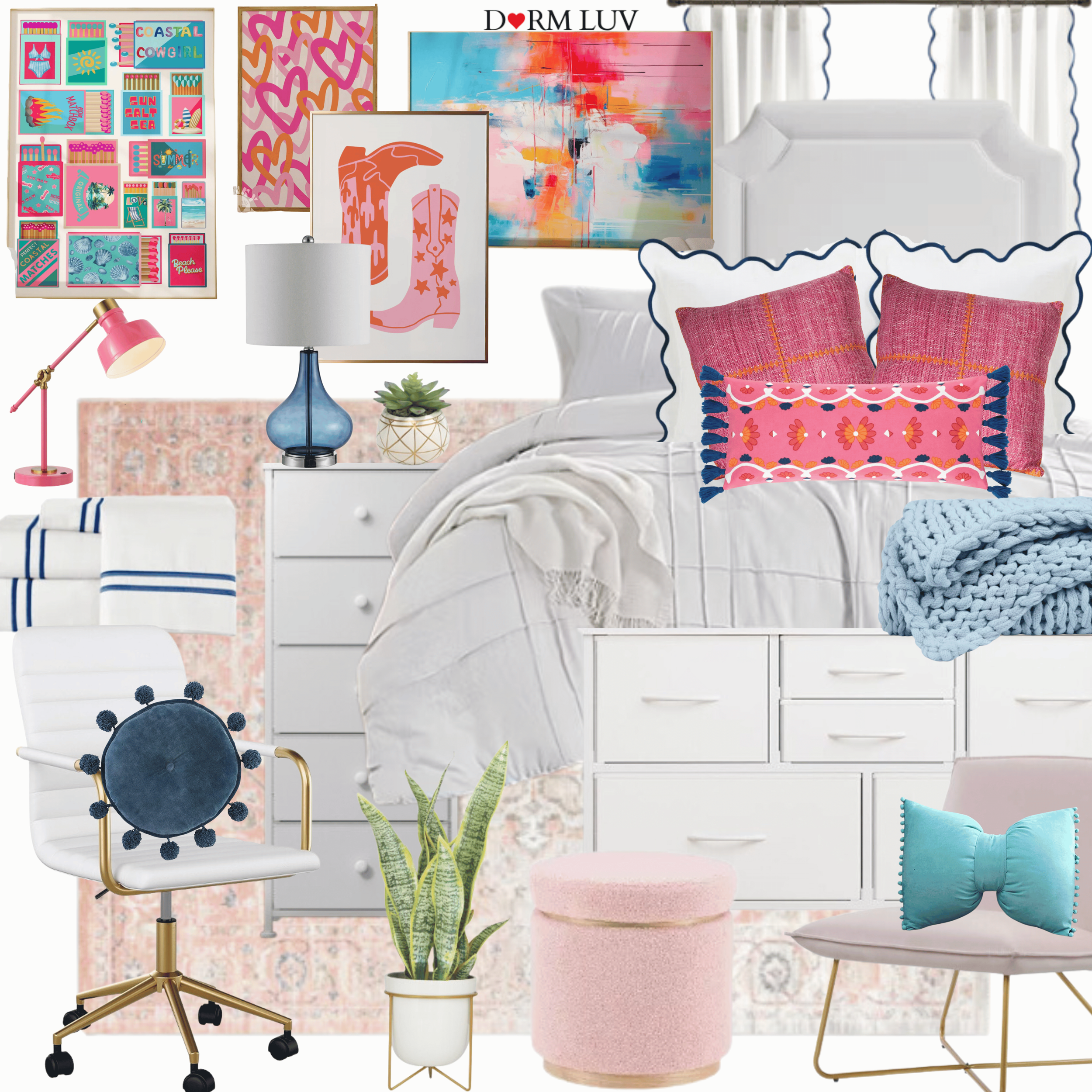 Collage of dorm room decor featuring a white bed with pink and blue pillows, white dresser, colorful wall art, pink lamp, blue vase, indoor plants, patterned rug, cushioned chair, and pink ottoman.
