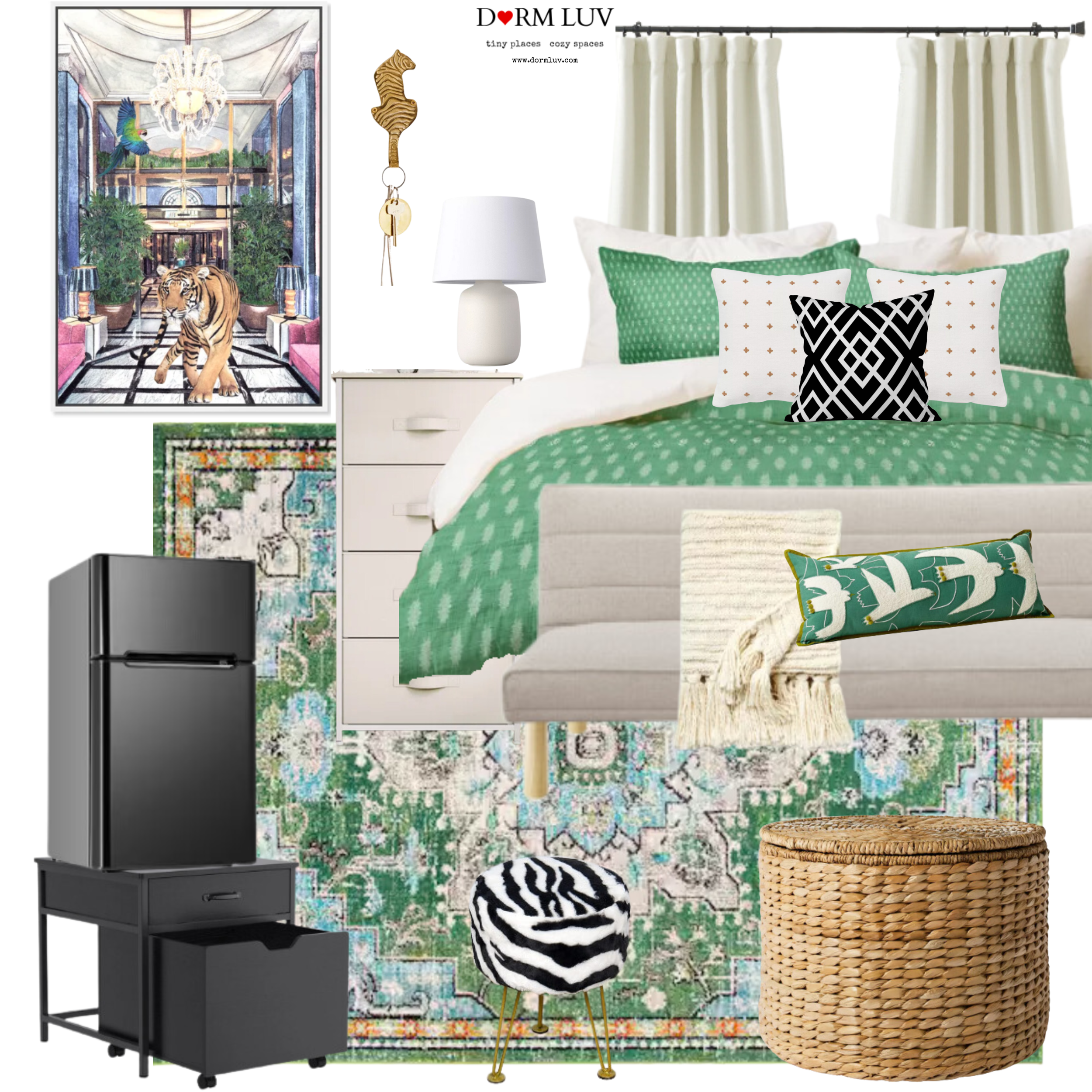 Collage of dorm room decor items including a green polka dot bedspread, decorative pillows, a white lamp on a nightstand, a black refrigerator, a wicker basket, a colorful rug, and a tiger-themed artwork.
