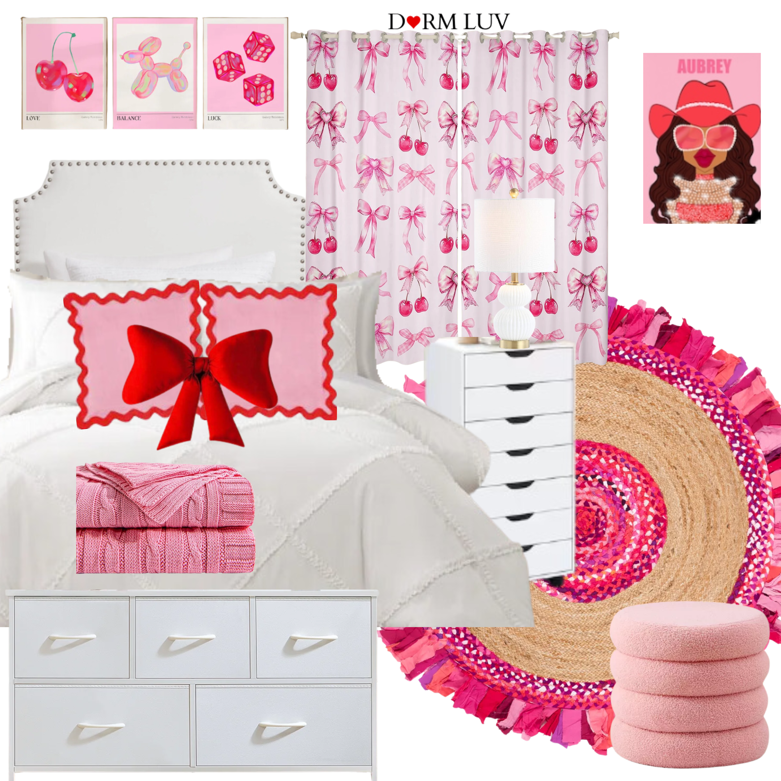 Collage of pink and white dorm room decor with a bed, cherry and bow themed items, dresser, mini fridge, and wall art.