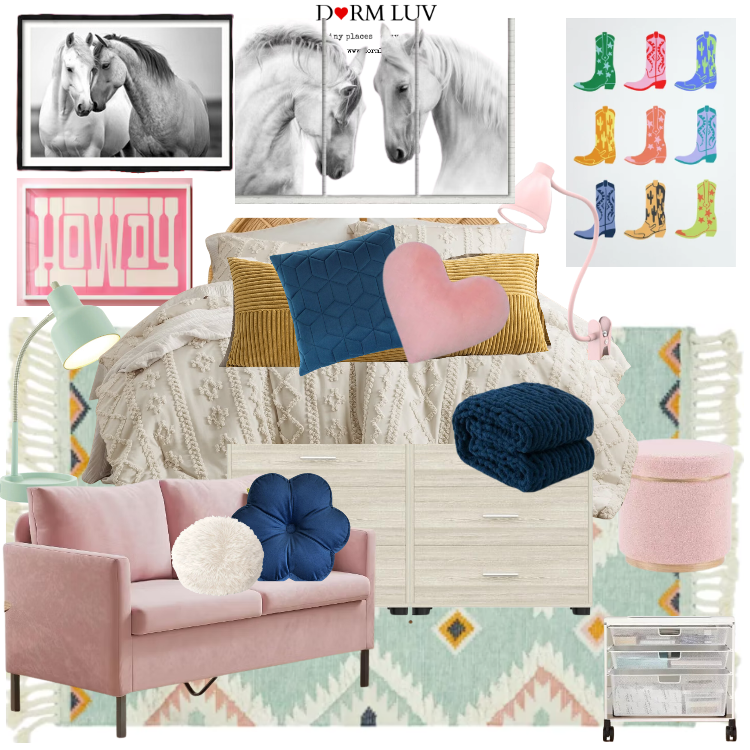Dorm room interior design collage featuring bedding with colorful pillows, a heart-shaped cushion, a blue knitted throw, and a taupe storage organizer. Walls have horse artwork, "Howdy" sign, and boots print. Includes pink sofa bed with round pillows, pastel green lamp, and pink floor lamp. Pastel sheets and a storage cart are also part of the decor. Room has a pastel geometric rug and round ottoman.