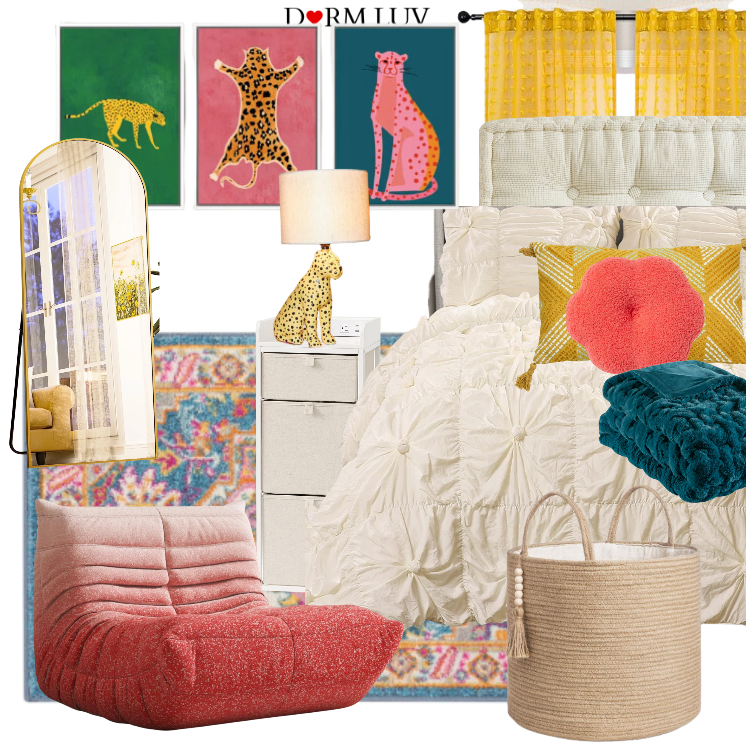 Bedroom decor collage featuring turquoise towels, tufted ottoman, white dresser, yellow curtains, animal-themed artwork, a multicolored rug, white ruched bedding, decorative pillows, woven basket, and a tall mirror.