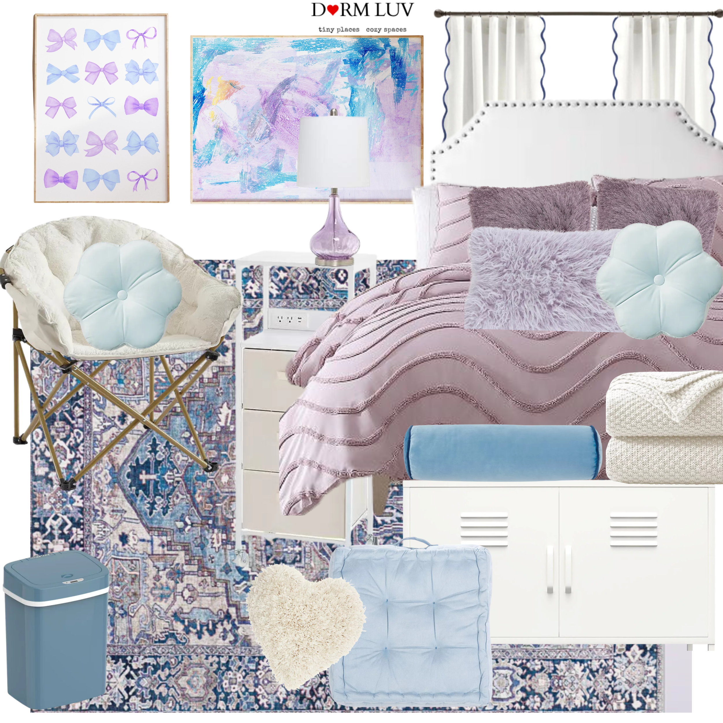 Dorm room decor featuring a purple and blue color scheme with bedding, pillows, a patterned rug, a folding chair, a small nightstand, decorative wall art, and a trash bin.