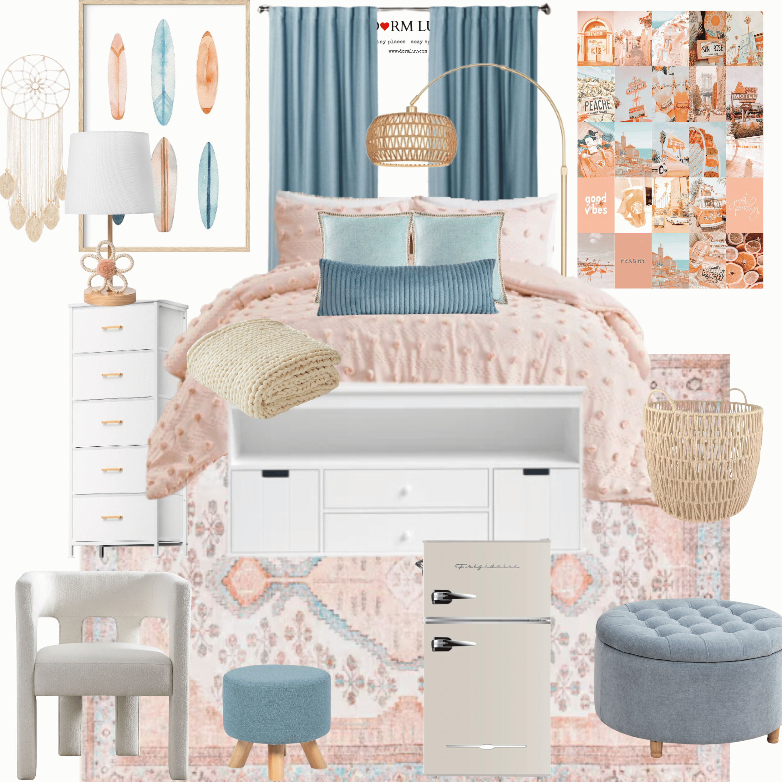 Bedroom interior design collage with pastel and boho elements, including a bed, blue pillows, pink quilt, art prints, wicker basket, lamp, chair, pouf, and mini fridge.