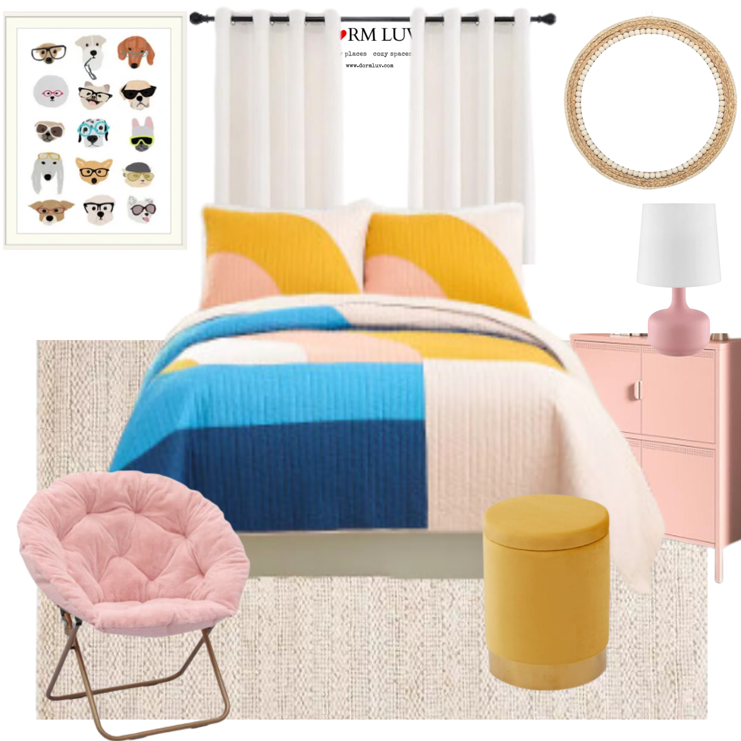 Bedroom design collage with pink, yellow, and blue accents, featuring a colorful quilt on a bed, a pink plush chair, a yellow round ottoman, a pink lamp on a pink cabinet, a circular mirror, and a framed animal print art.