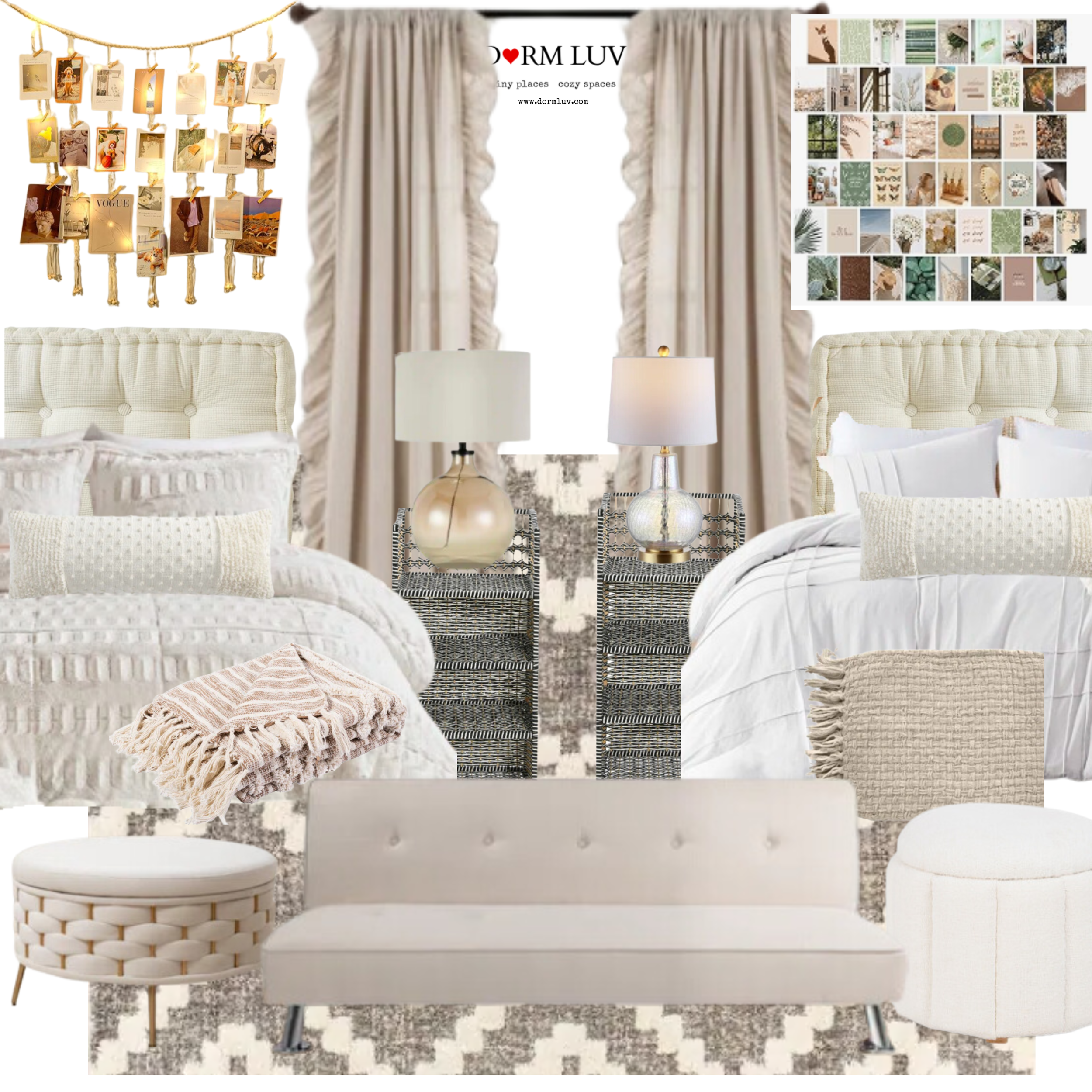 Collage of dorm room decor and furniture including beds, pillows, lamps, a sofa, an ottoman, and wall art for interior design inspiration.