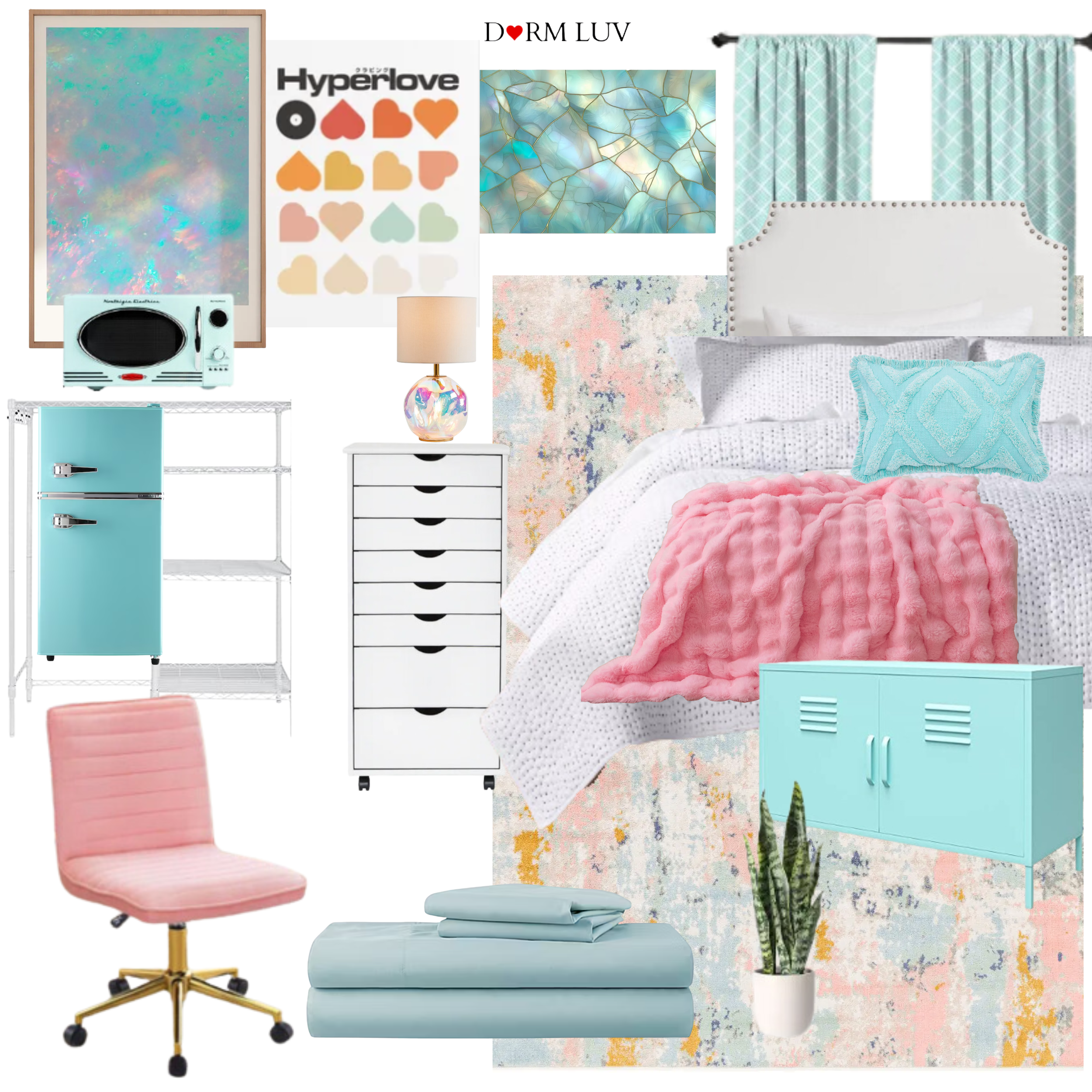 Collage of dorm room decor including a bed with headboard, decorative pillows, rugs, a pink chair, side table, shelving with a mini fridge and plant, a wicker mirror, lamp, and a wall art print reading 'Hyperlove' with colorful hearts. Text above reads 'Dorm Luv'.