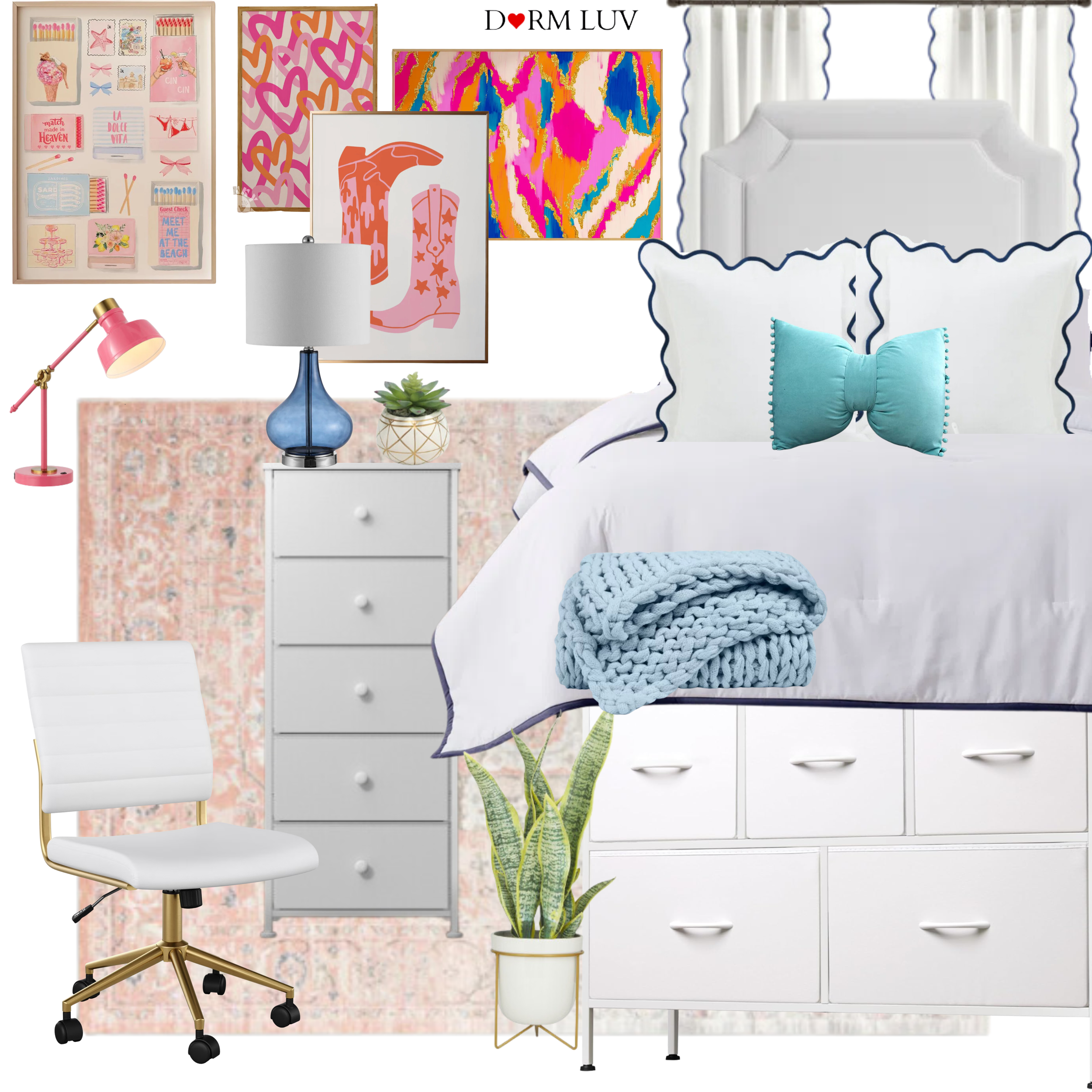 Collage of dorm room decor featuring a white bed with pink and blue pillows, white dresser, colorful wall art, pink lamp, blue vase, indoor plants, patterned rug, cushioned chair, and pink ottoman.