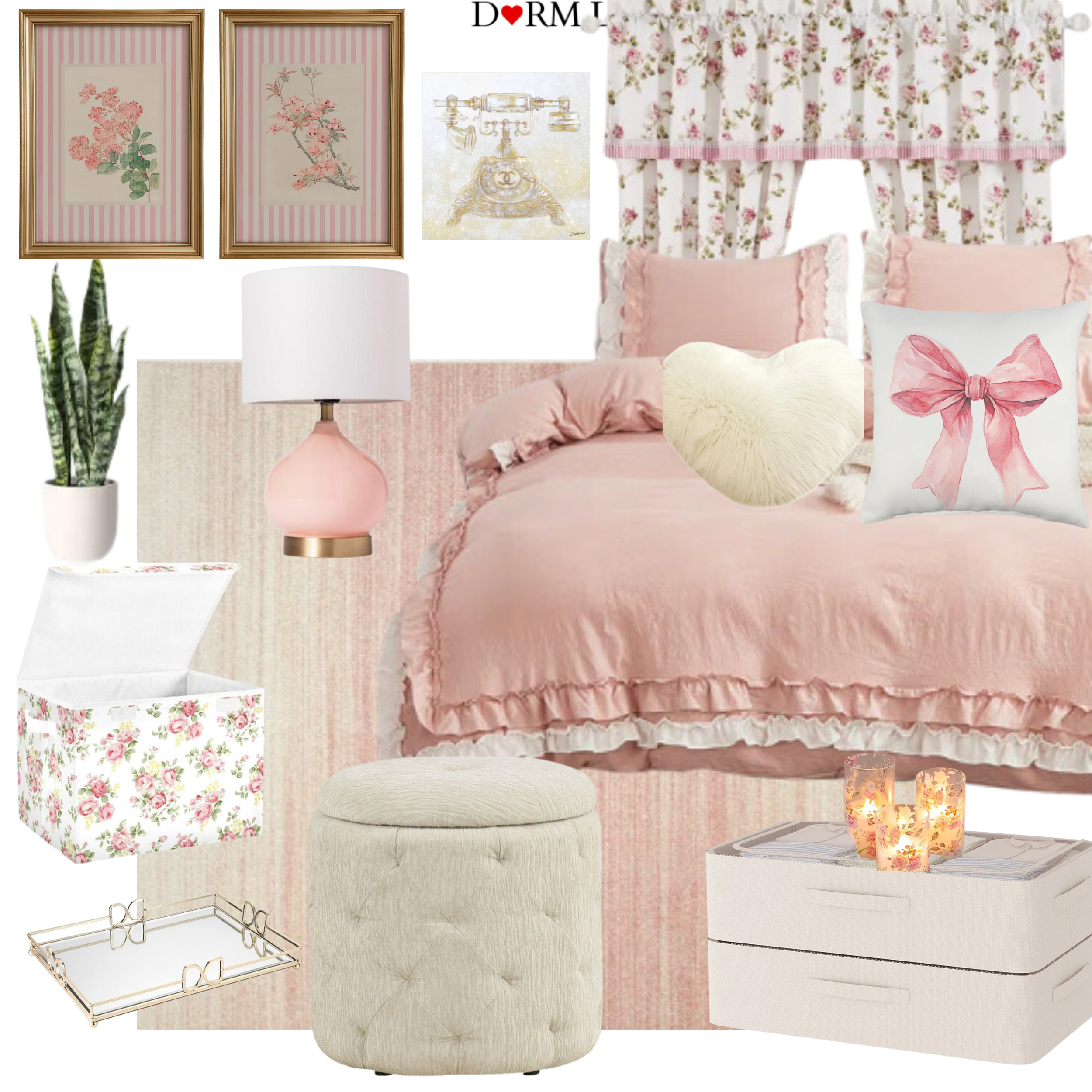 Room decor collage featuring a pink and white theme with floral patterns. Includes a pink bedspread with ruffled edges, decorative pillows, a bedside lamp, wall art with roses, a vintage telephone illustration, a green accent chair, a full-length mirror, a white ottoman, a storage bench with drawers, plant decor, and various decorative accessories like candles and a decorative tray.