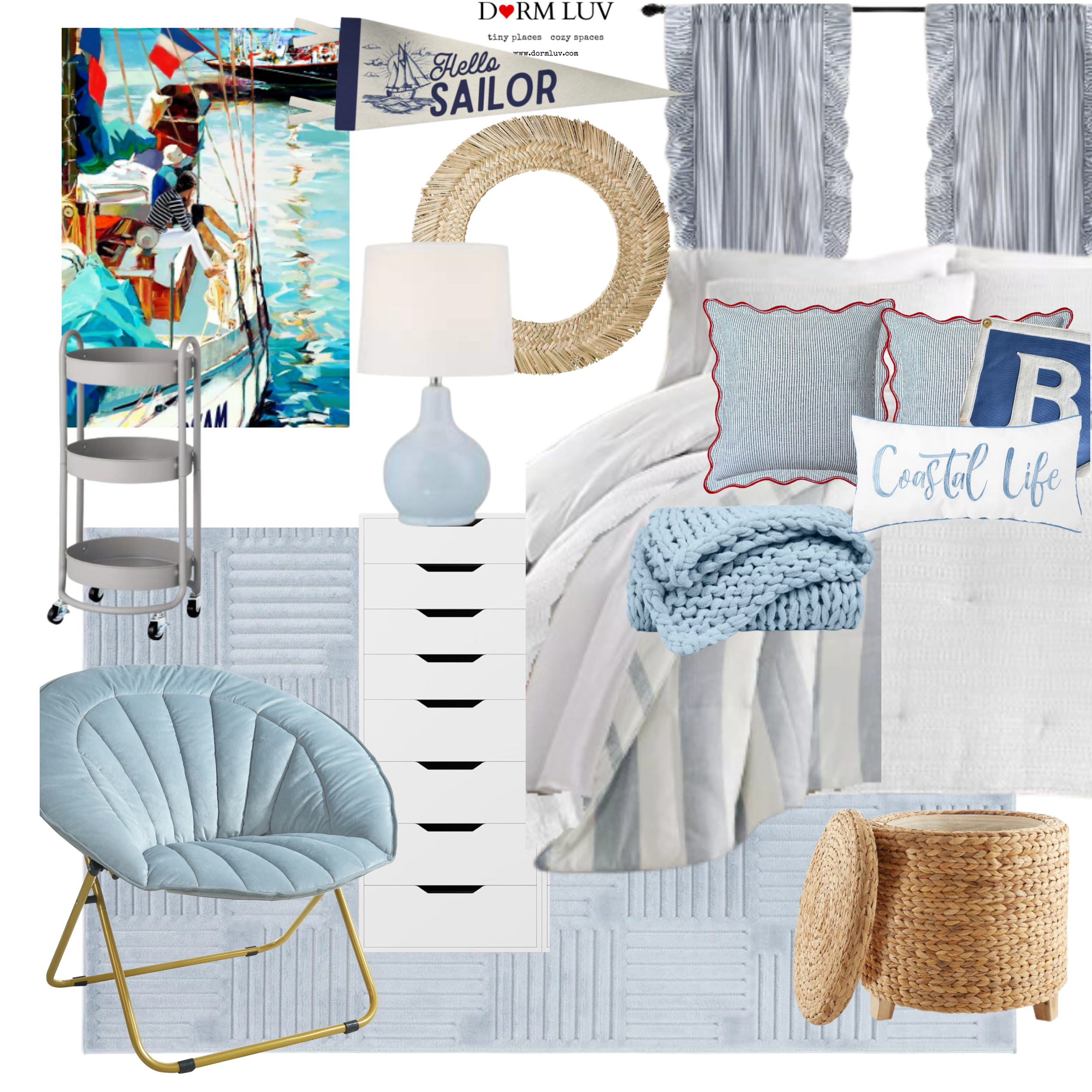 Coastal-themed bedroom decor collage with nautical flags, striped bedding, wicker accessories, and a blue lamp.