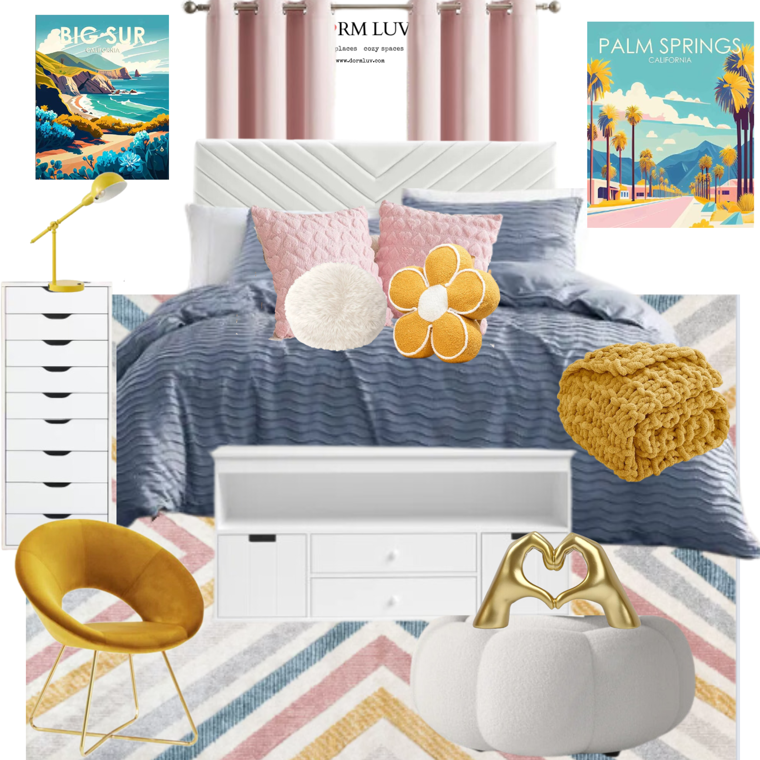 A bedroom collage featuring a white bed with a textured blue comforter and pink pillows, a flower-shaped pillow, and a fuzzy round pillow. A yellow knitted throw is on the bed. A white nightstand has a yellow desk lamp. A modern gold chair is in the room, alongside a small white ottoman with a gold decor piece. The floor has a colorful chevron rug. Two wall art prints depict Big Sur and Palm Springs, California. The curtains are pink.