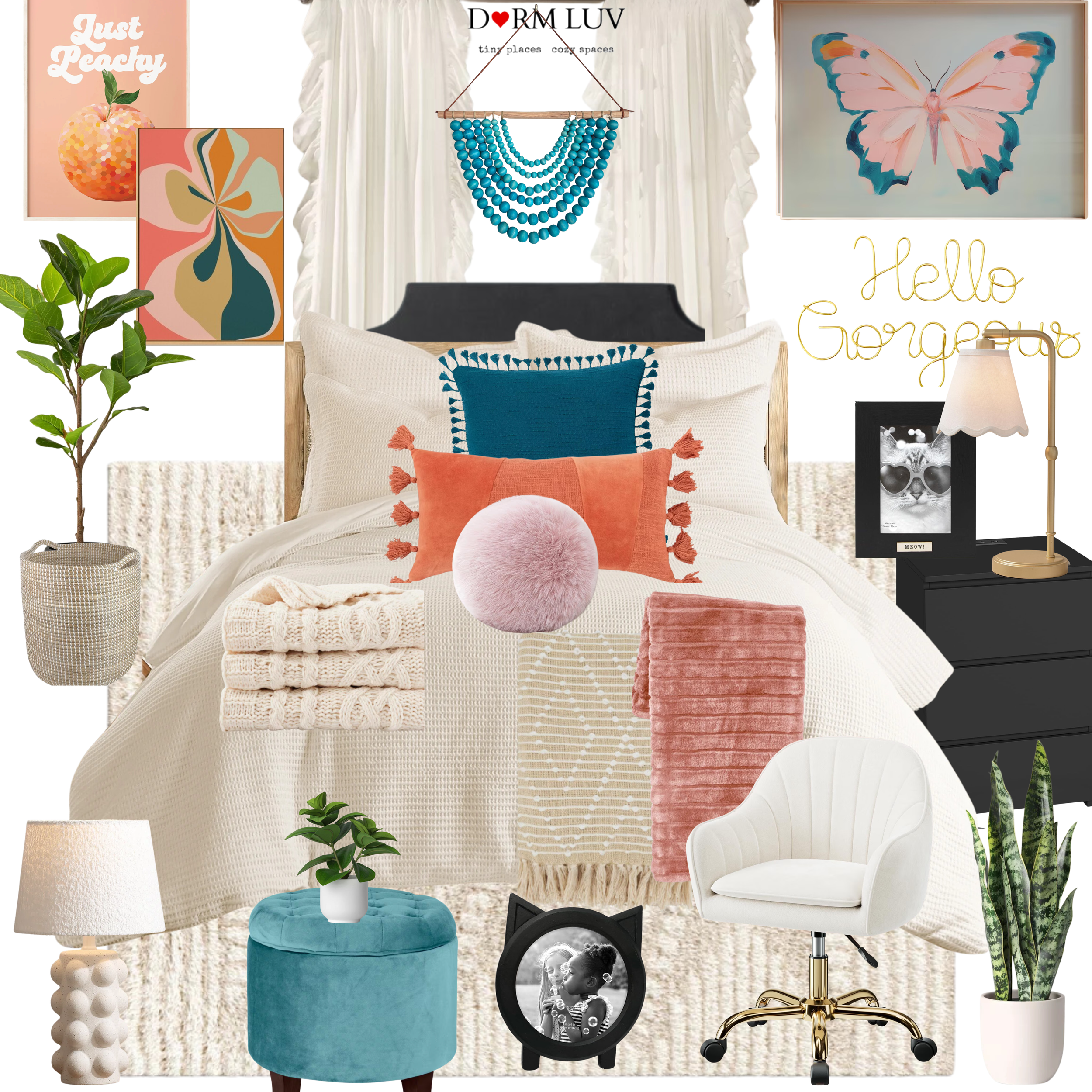 Bedroom decor layout featuring a bed with white and colorful pillows, a teal tufted ottoman, textured throws, indoor plants, wall art with "Hello Gorgeous" text, a butterfly print, and an abstract floral design. Includes a cozy chair, side table with lamp, and various decorative items.