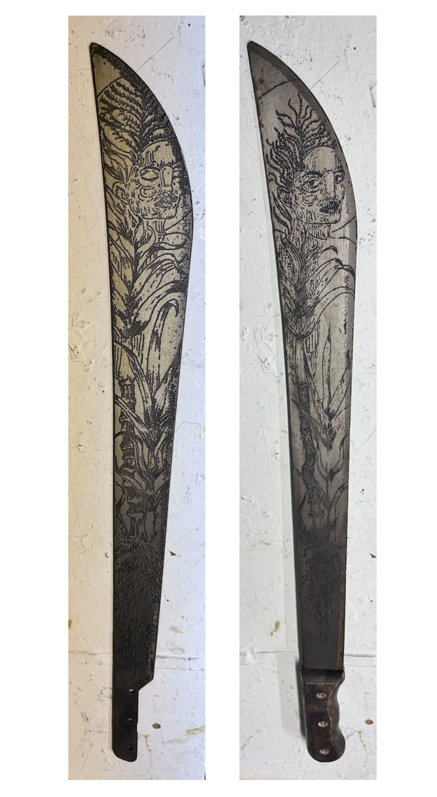 Machete: Caña V & VI. Santi Pérez García. 27.5x2.5". Carving on metal machete, 2019.