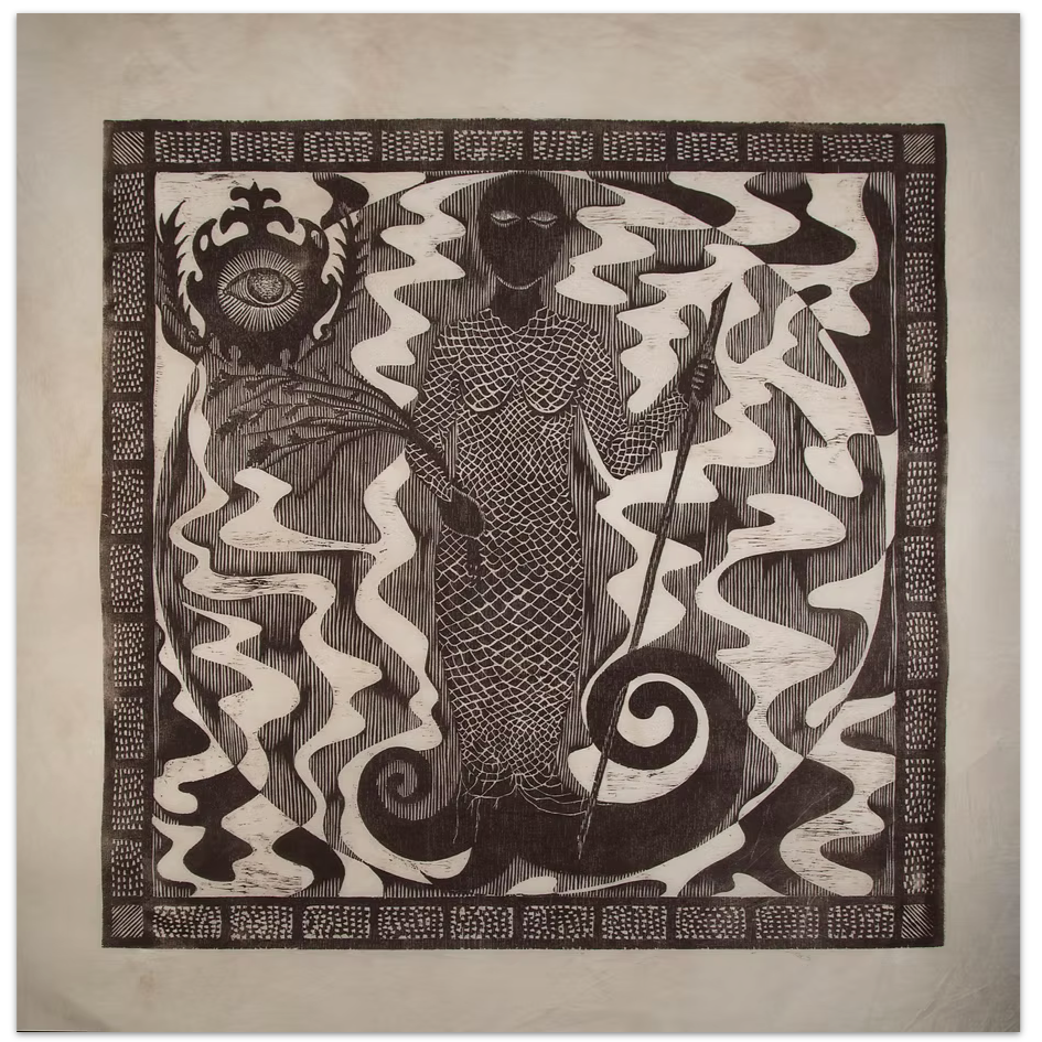 Ayón de los mares. Yolanda Valázquez-Vélez. 24x24". Woodcut, 2017. 