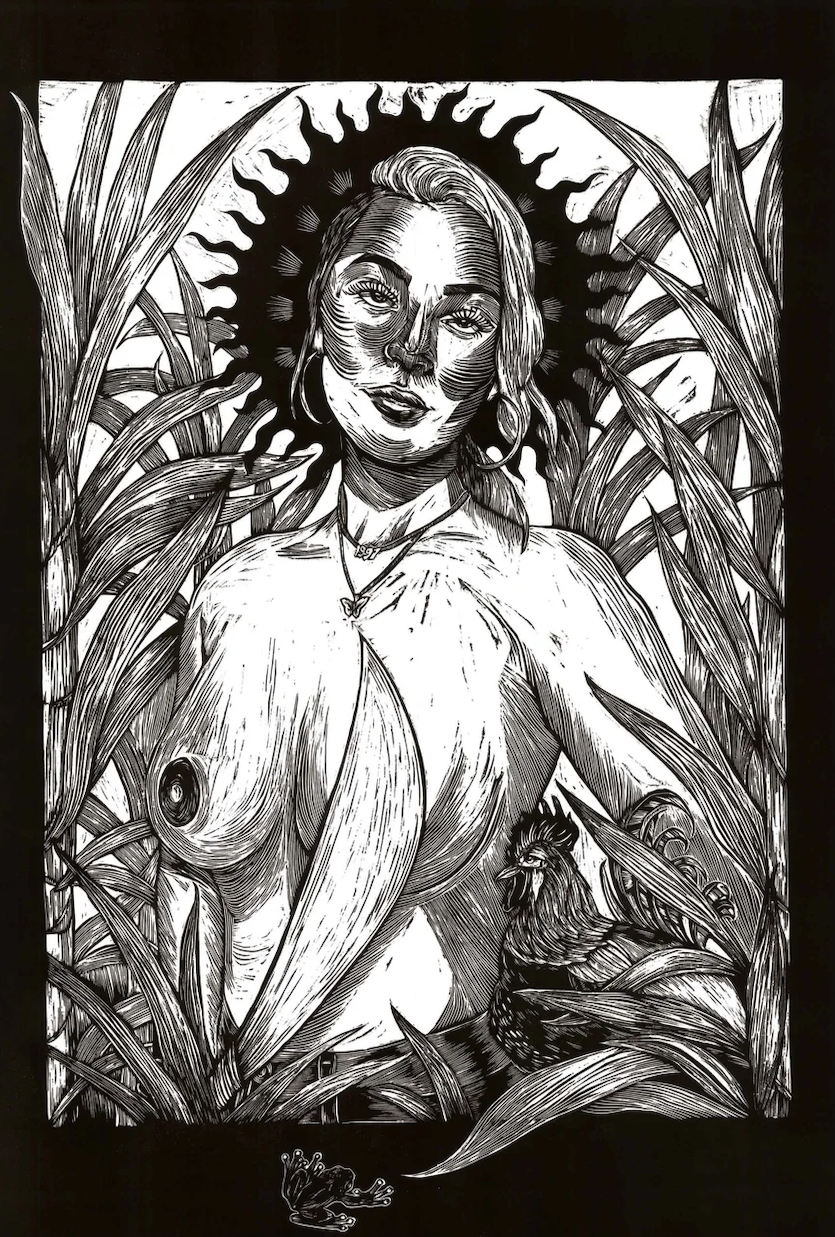Boricua. Grechel Rosado. 36x24". Woodblock relief print on maza, 2019.