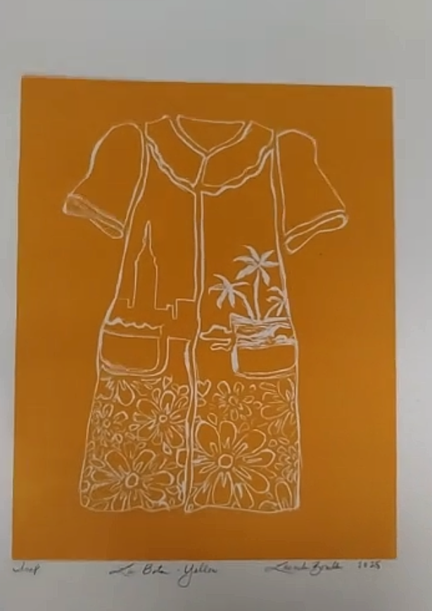 "La Bata Amarilla (The Bata Project: Urban | Island Folkloric). LEEnda Bonilla. 15x11".	Water-miscible oil, hand-pulled linocut on Somerset paper, 2025. ART STORE.