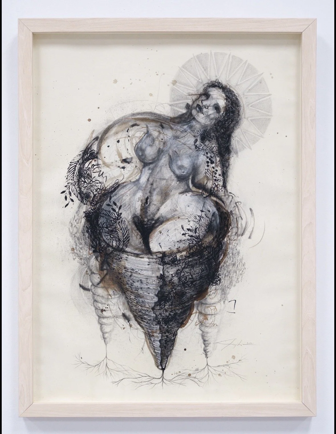 Diosa de la tierra #6. Angélica Rivera Reyes.	26x19". Dibujo medio mixto sobre papel	2022.