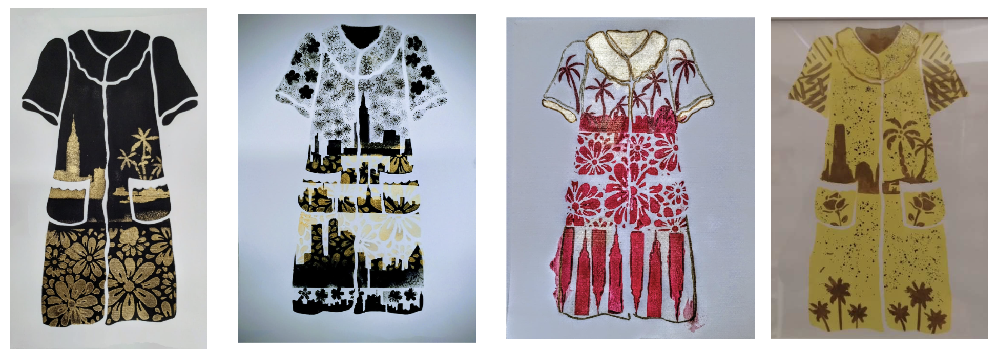 Bata negra, blanca, roja y amarilla (The Bata Project: Urban | Island Folkloric). LEEnda Bonilla. 15x11". Acrylic, hand-cut stencil, matte and metallic acrylic on canvas paper, 2025.