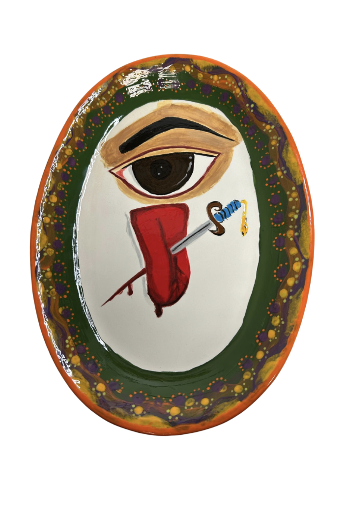 Ojo, Lengua, Chuchillo de Cuba. LEEnda Bonilla. 19x13". Hand painted earthenware, 2026.