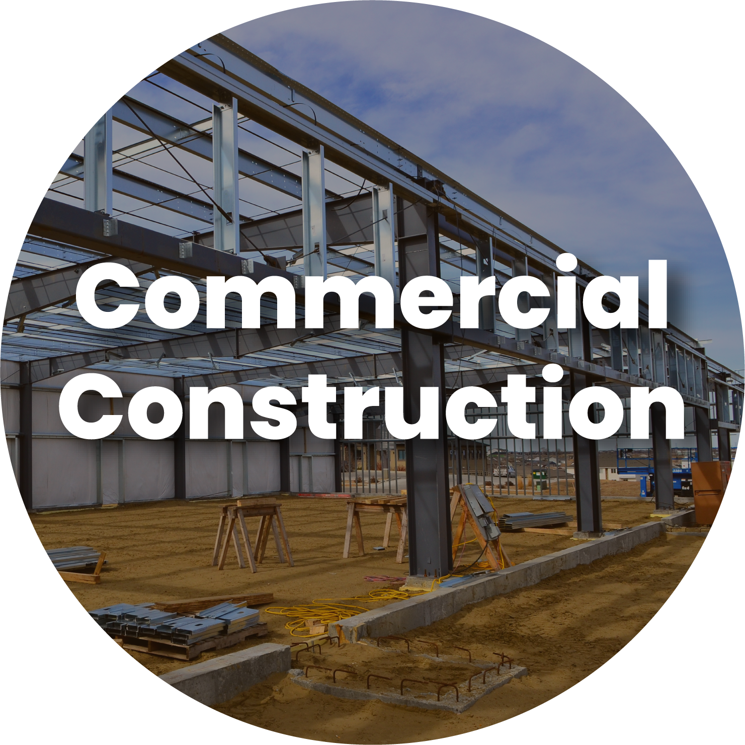 Construction site with steel framework and blue sky, labeled 'Commercial Construction' in white text.