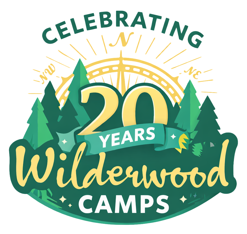 Celebrating 20 years of Wildernesswood Camps with trees, a compass, and sun rays.