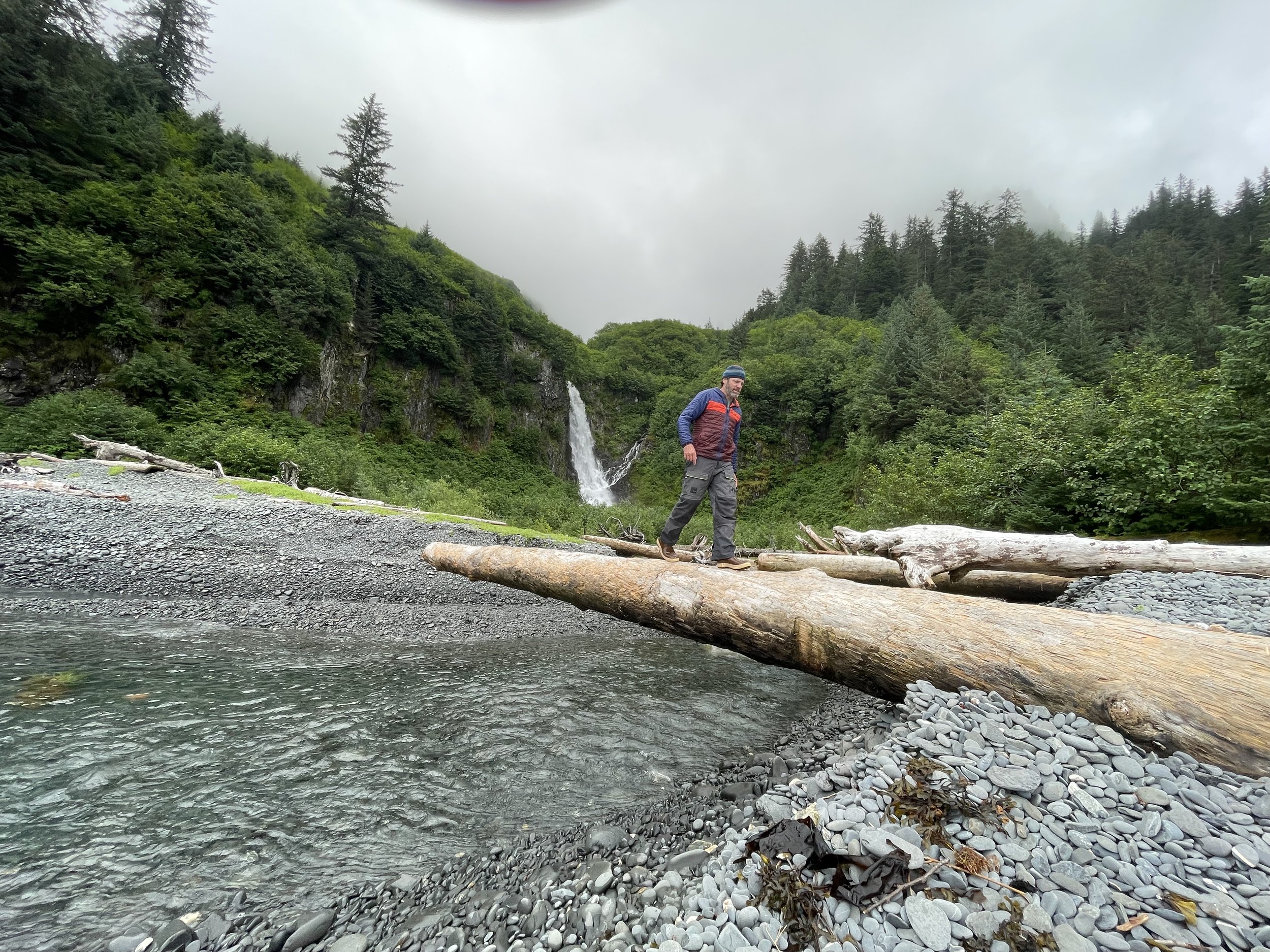 Person walking on a fallen tree across a stream with a waterfall in the background