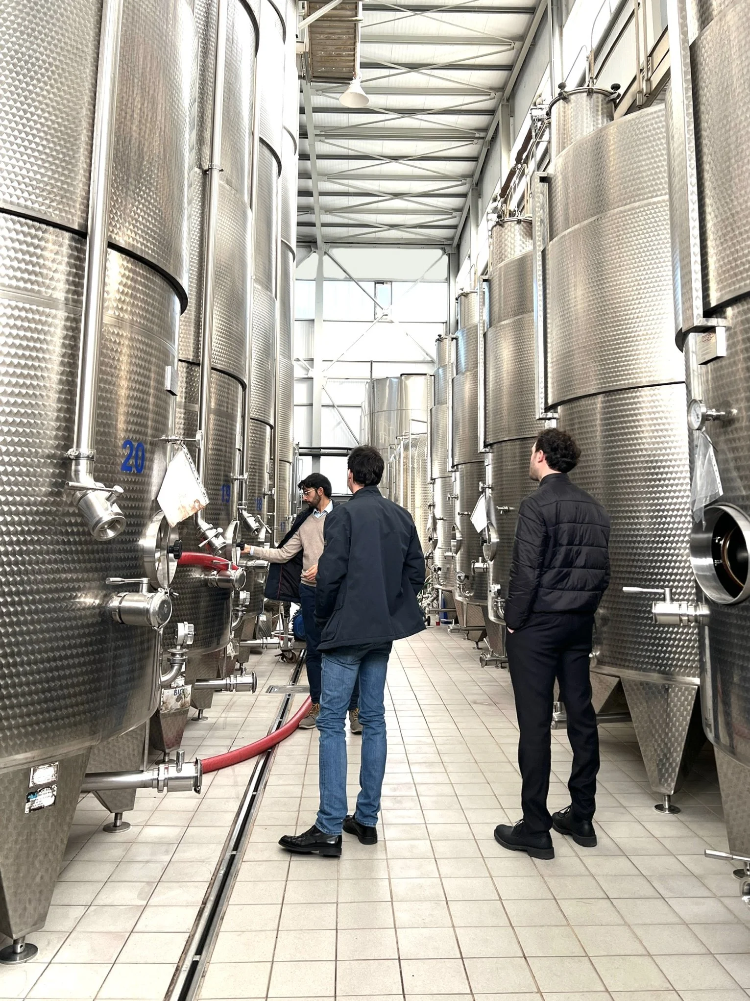 Tre uomini in una cantina di produzione di vino, circondati da grandi serbatoi in acciaio inox.