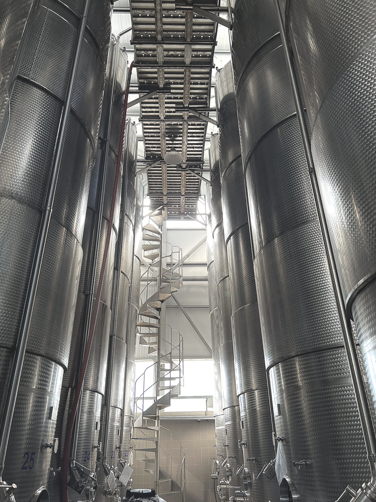 Stainless steel wine tanks inside the Cassarà winery