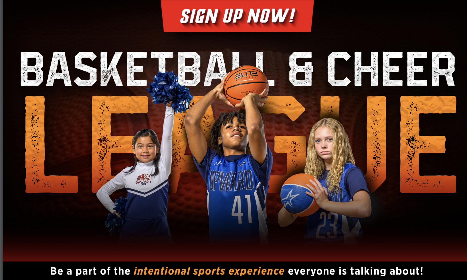 Promotional graphic for youth basketball and cheer sign-up event featuring three young girls in sports uniforms, one holding a basketball above her head, one holding a cheer pom-pom, and one holding a basketball, with bold text saying 'Sign Up Now! Basketball & Cheer' and a black footer with white and orange text.