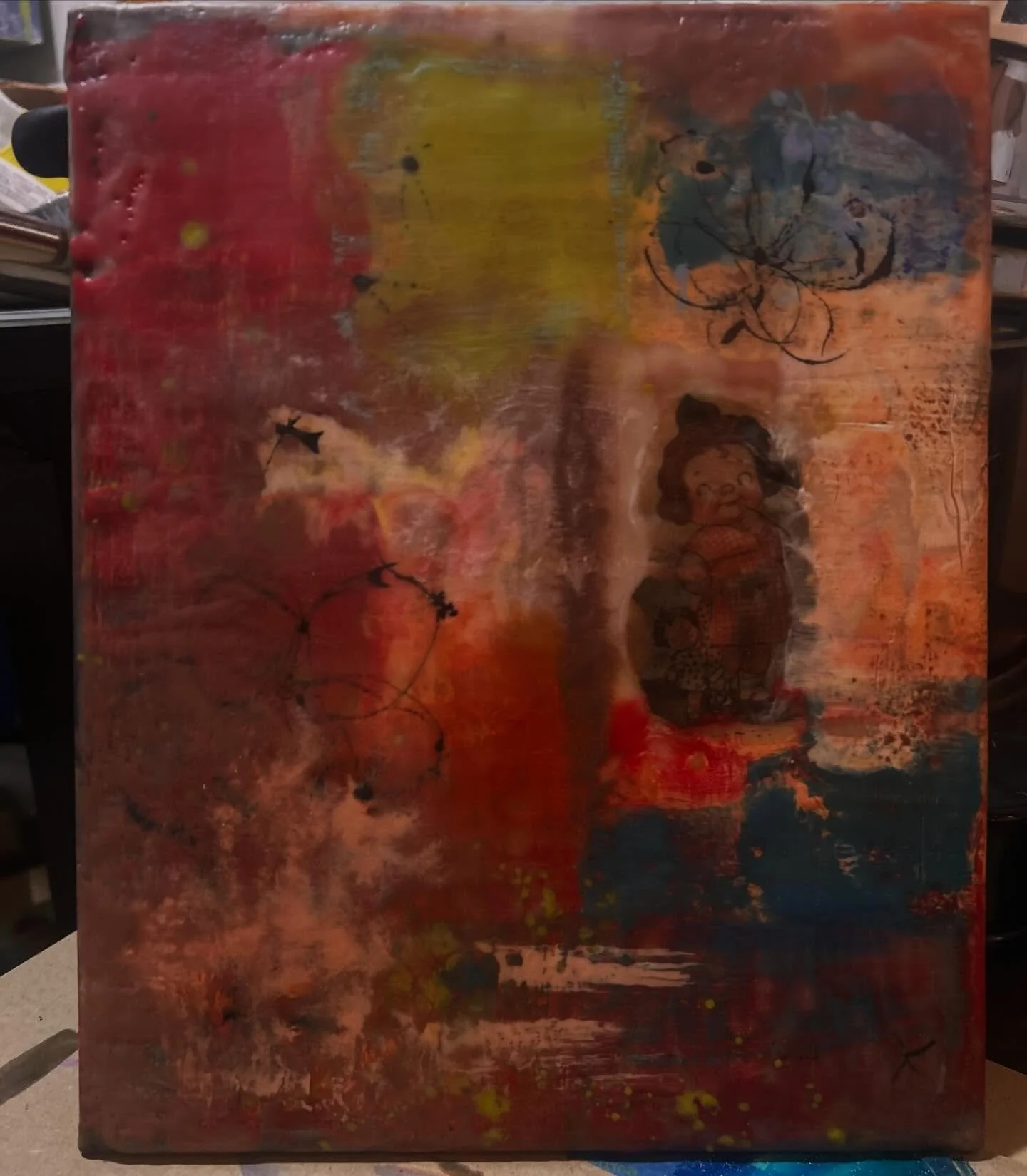 8x10&rdquo; encaustic on wood composite board with collaged antique Campbell soup child circa 1925. #encausticart #encausticartist #kansascityartist