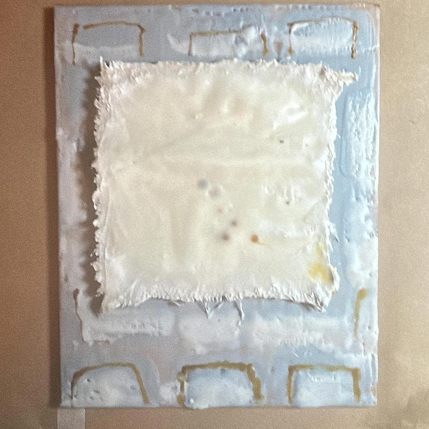 This piece is still in process, but I wanted to document it at this stage. A suggestion from a fellow artist to actually use a piece of cardboard to offset the plaster substrate from the wood composite board substrate proved a beautiful texture contr