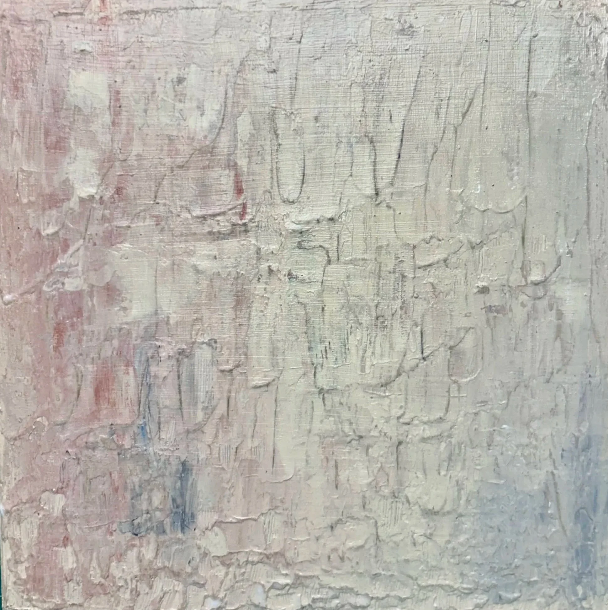 Textured abstract painting in white, pale pink, and blue from the Beige Mom series