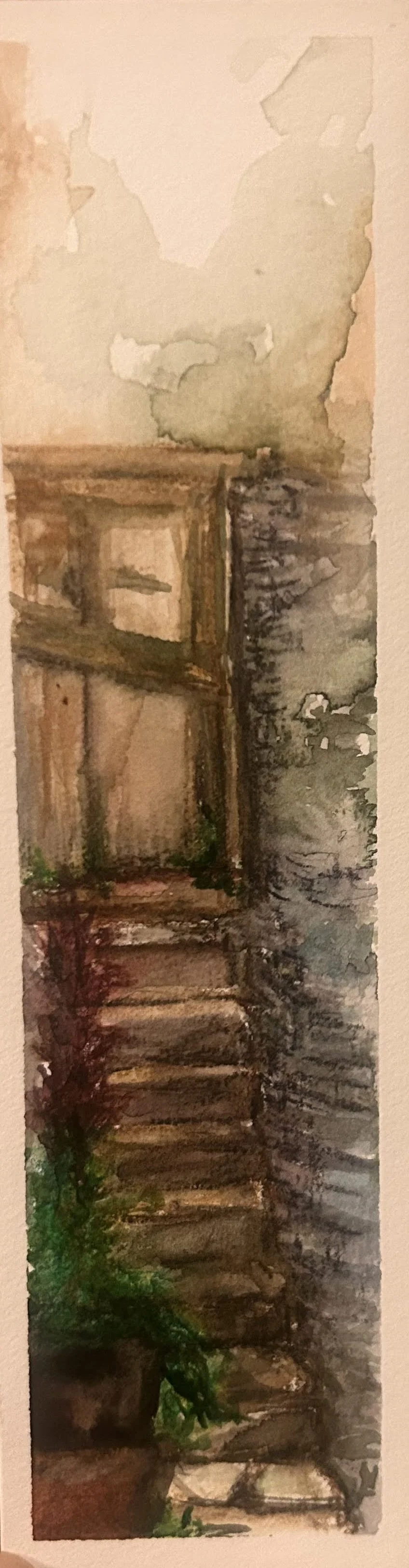 Watercolor bookmark of a stone staircase and doorway framed by greenery