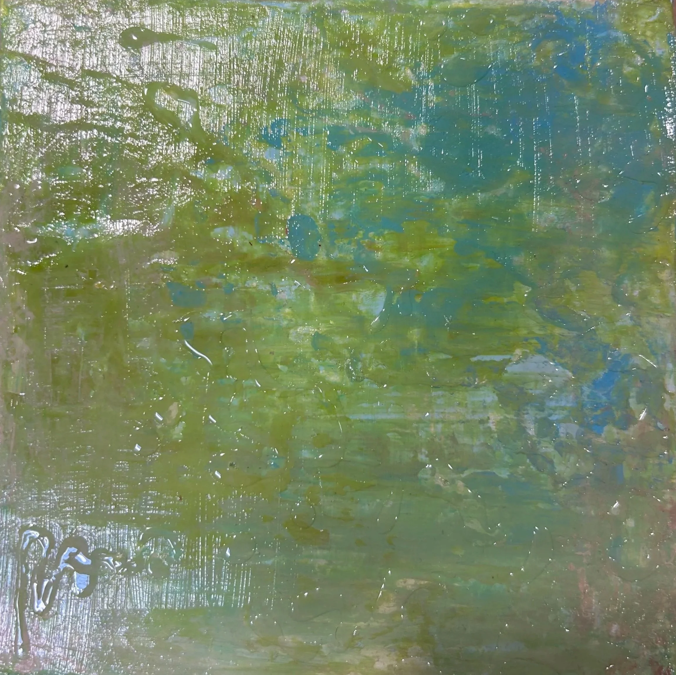Abstract textured painting with layered green, blue, and gold tones