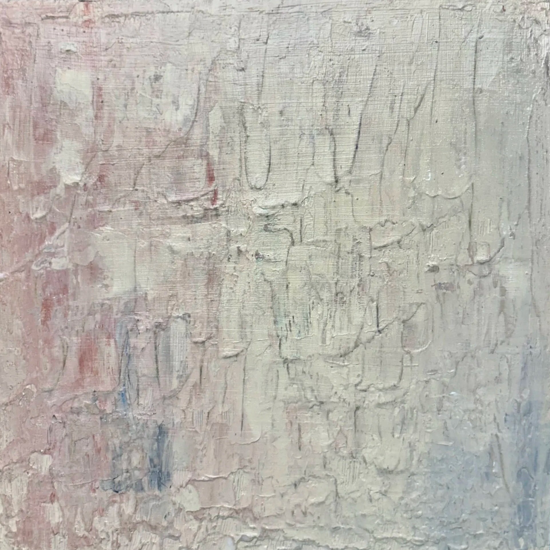 Textured abstract painting in soft white, pink, and blue from the Beige Mom series